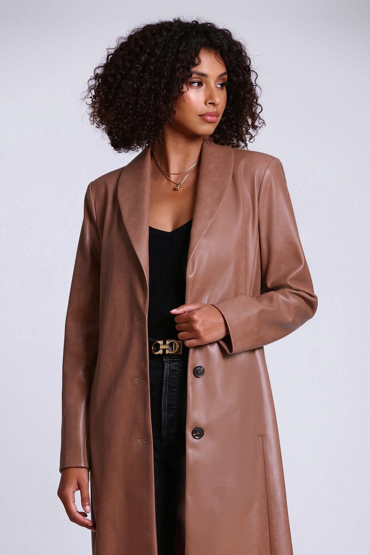 faux ever leather single breasted coat jacket mink brown - figure flattering designer fashion winter 2023 coats outerwear for women