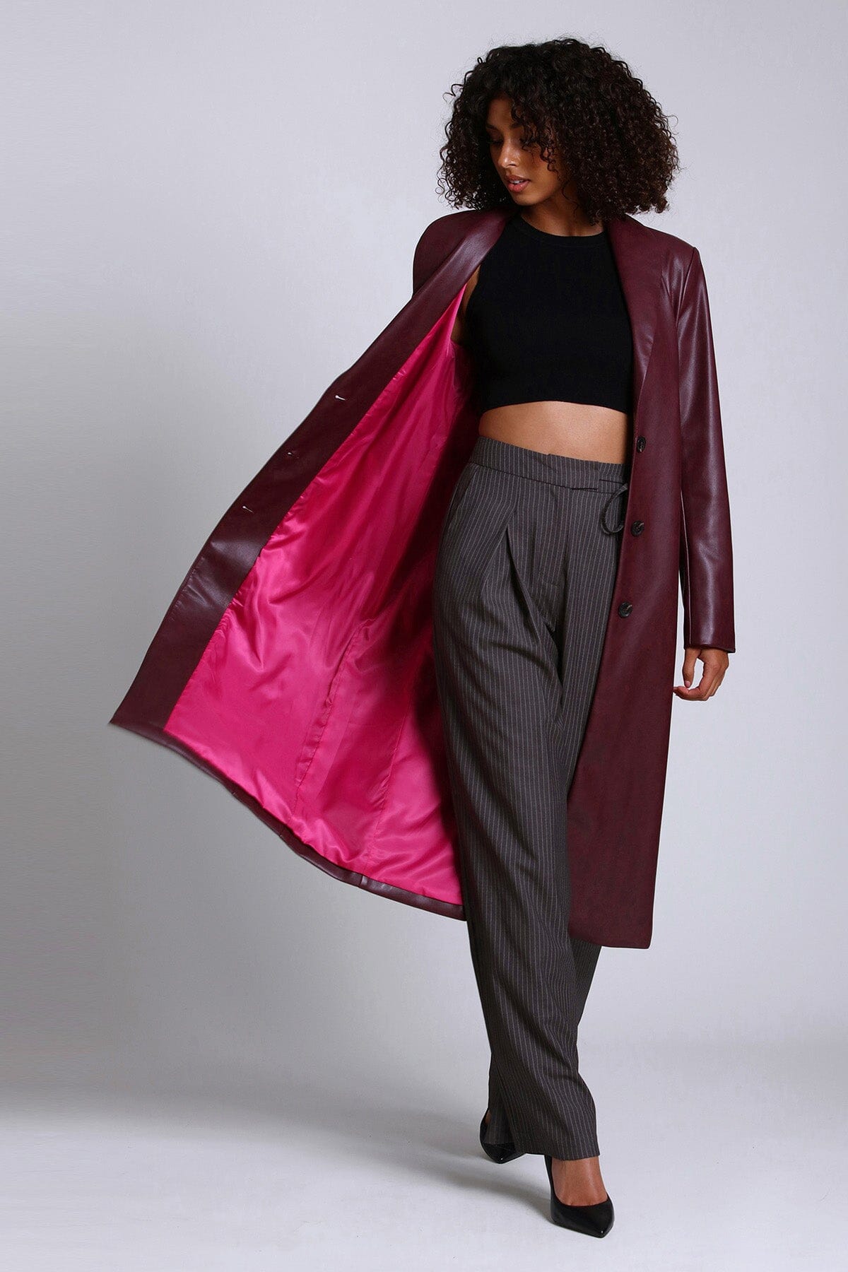 Faux Ever Leather Single Breasted Coat Jacket Zinfandel Red - Women's Figure Flattering Designer Fashion Office to Date Night Coats Jackets Outerwear