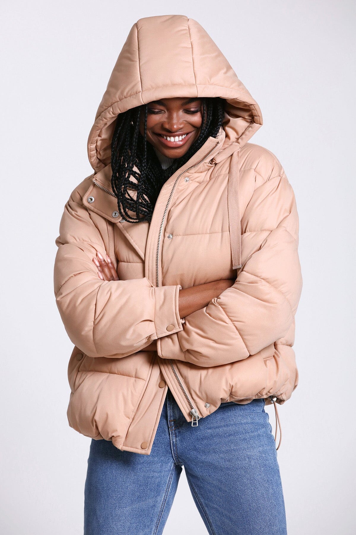Beige thermal puff down filled puffer coat jacket - figure flattering warm Fall puffers jackets for ladies