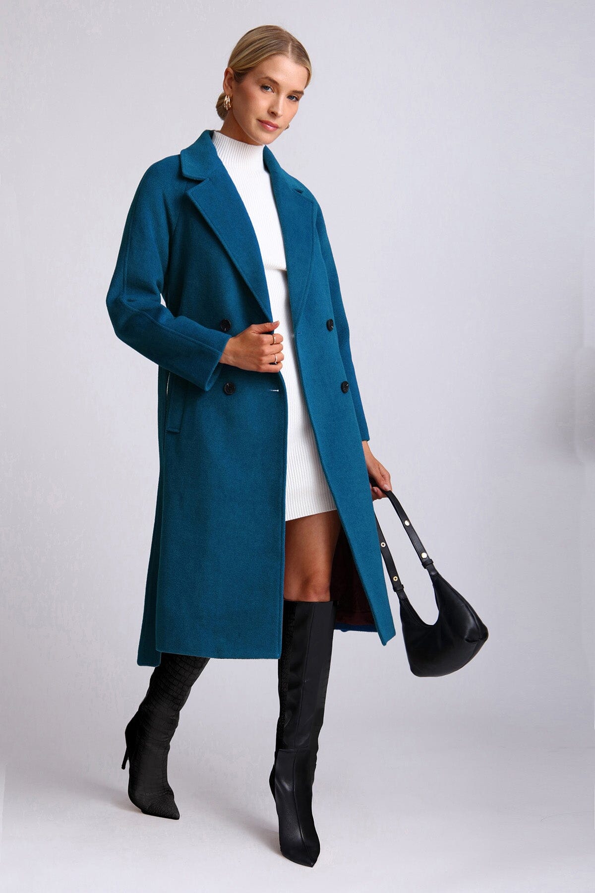 Mykonos blue wool blend belted walker coat - figure flattering dressy date night coats jackets for ladies