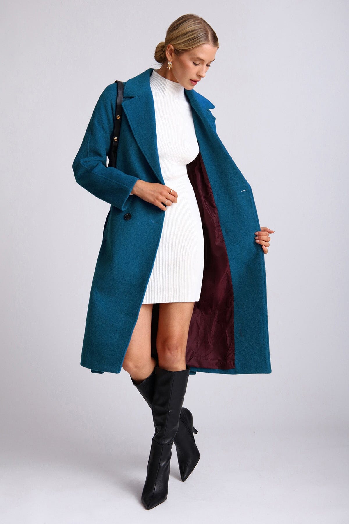 Mykonos blue wool blend belted walker coat - women's figure flattering date night coats outerwear for fall fashion trends