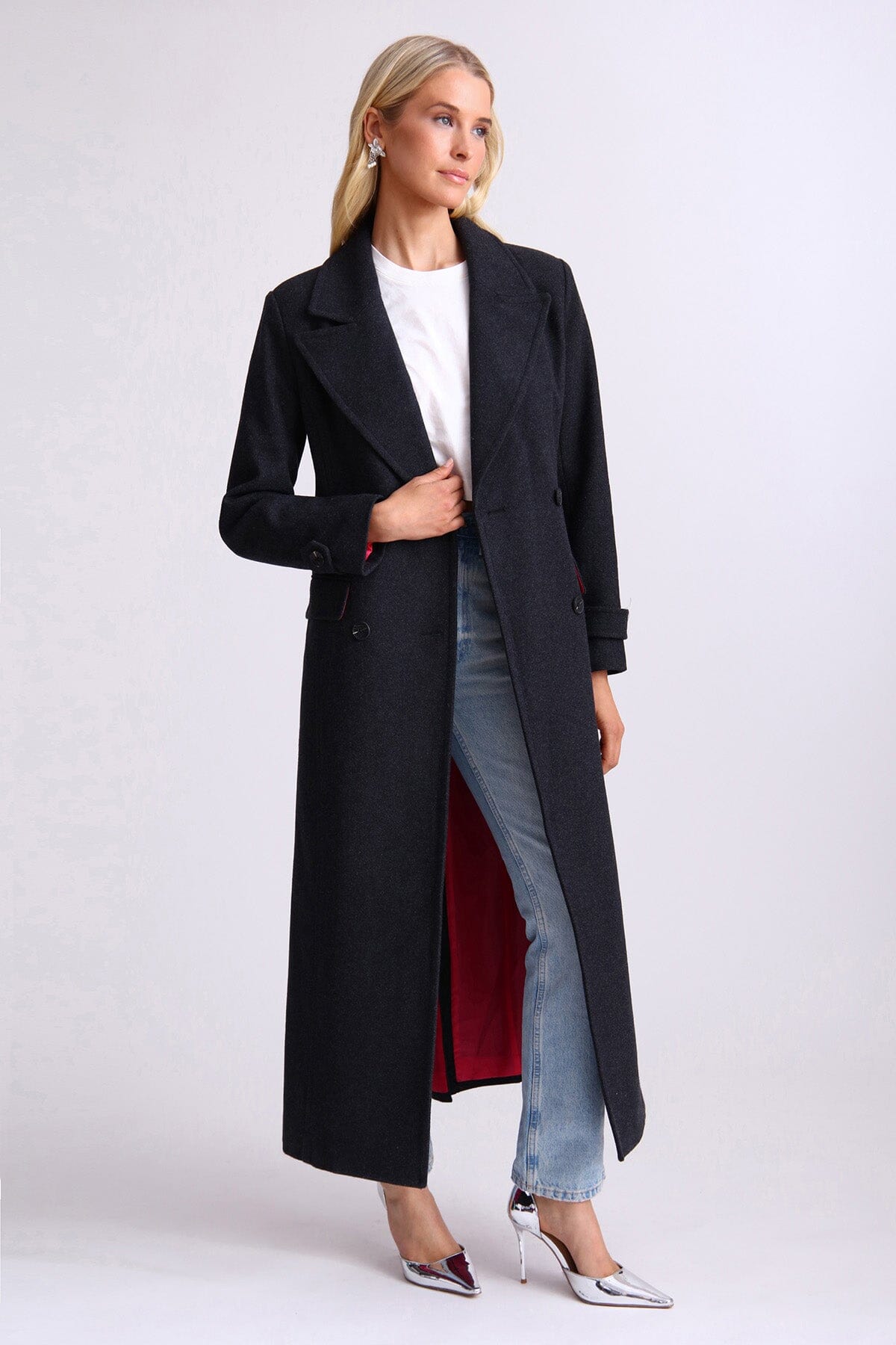 Black strong shoulder tailored wool blend long coat - figure flattering office to date night coats jackets for ladies