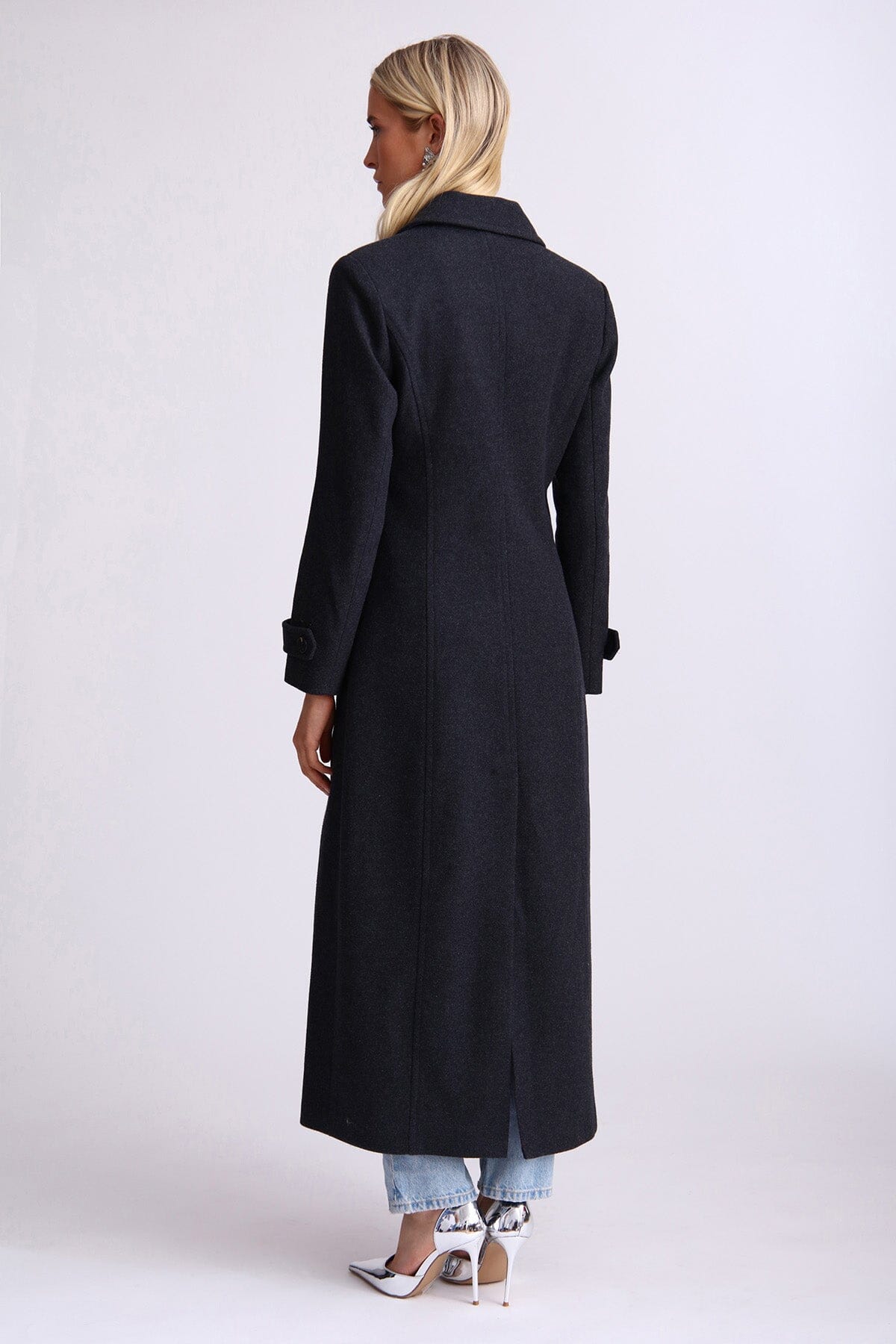 Black strong shoulder tailored wool blend long coat - figure flattering dressy date night coats jackets for ladies