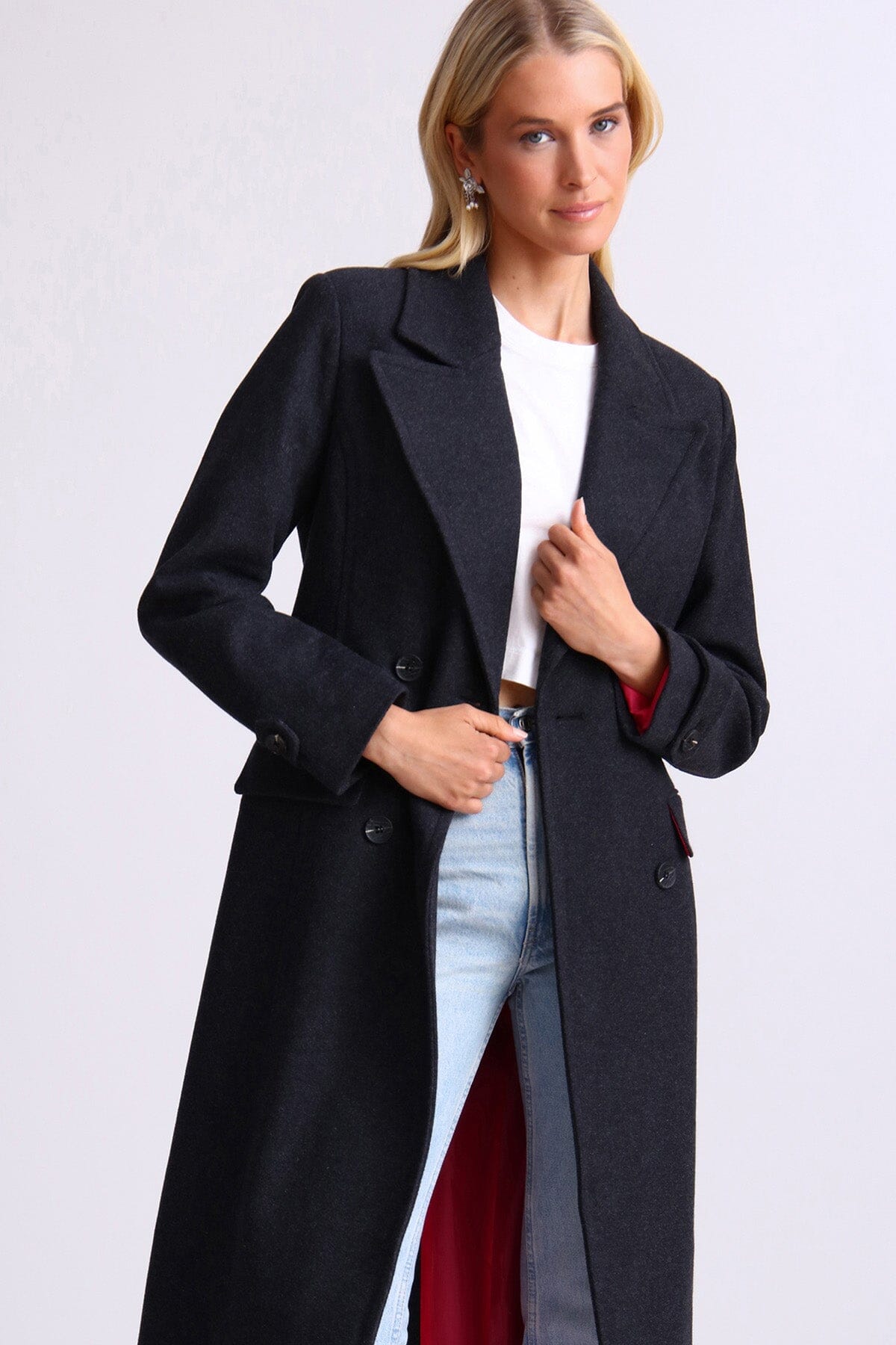 Black strong shoulder tailored wool blend long coat - women's figure flattering dressy coats jackets outerwear for fall winter trends