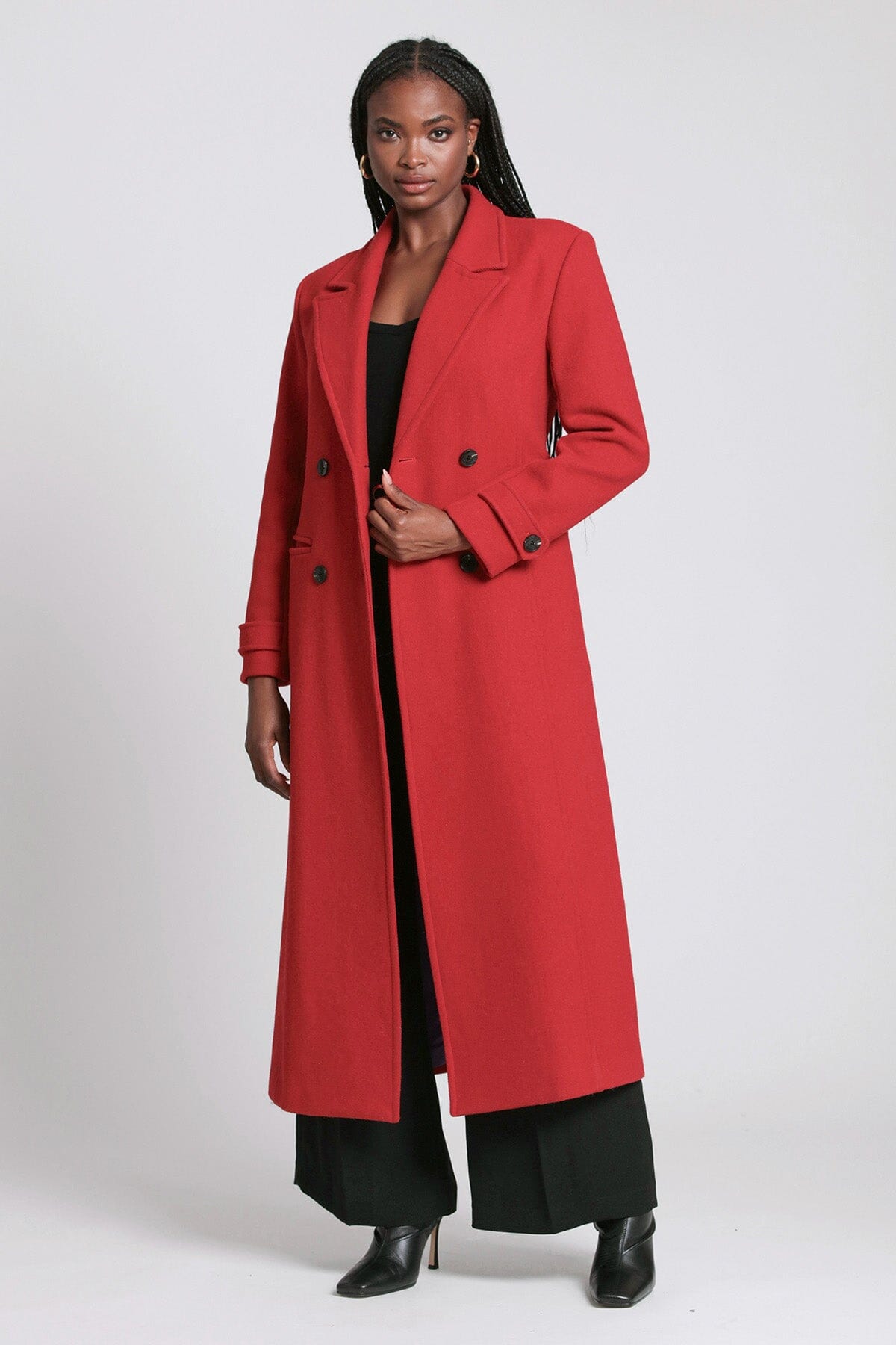 Red strong shoulder tailored wool blend long coat - figure flattering office to date night coats outerwear for ladies