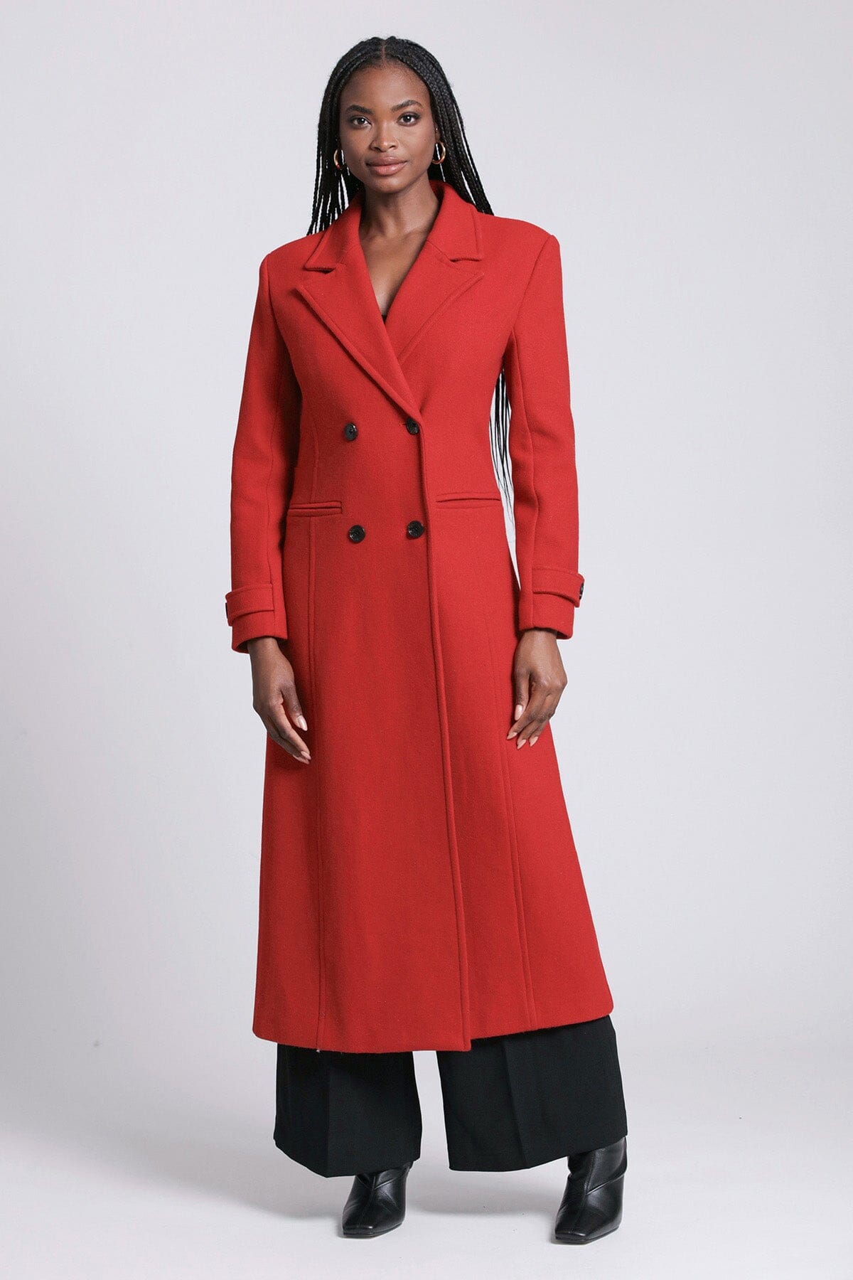 Red strong shoulder tailored wool blend long coat - figure flattering dressy coats outerwear for women