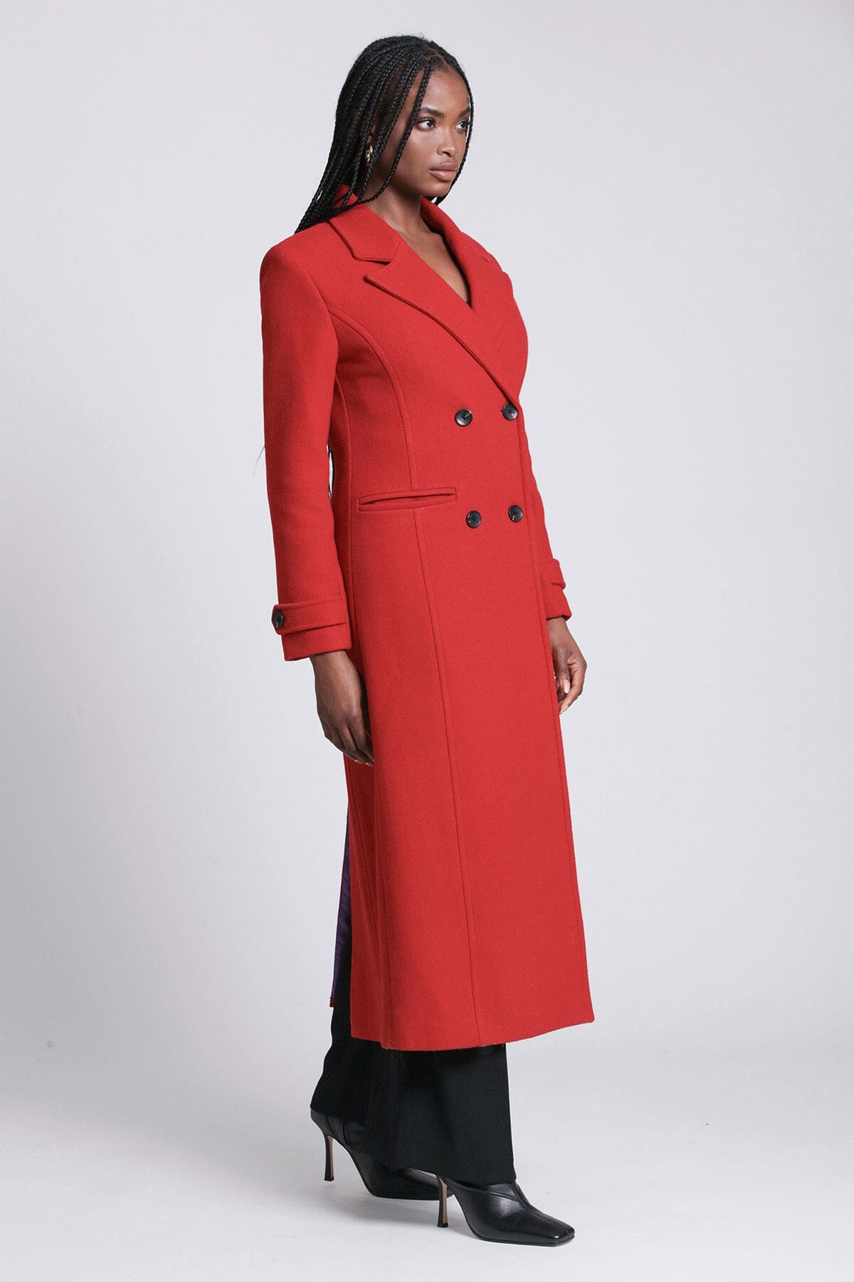 Red strong shoulder tailored wool blend long coat - women's figure flattering date night coats jackets for fall winter fashion trends
