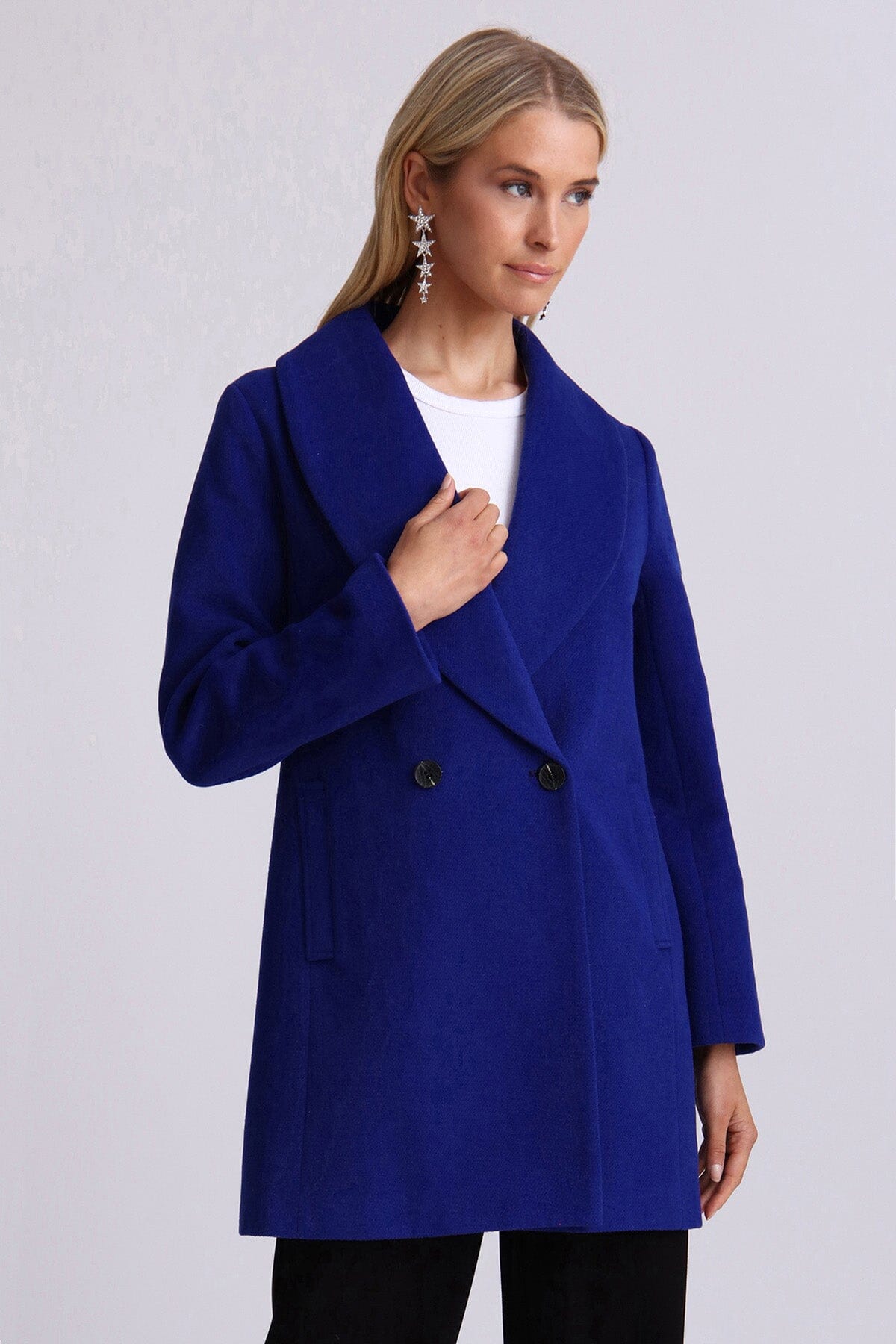 Cobalt blue twill wool blend shawl collar peacoat coat jacket - figure flattering cute work appropriate coats jackets for women
