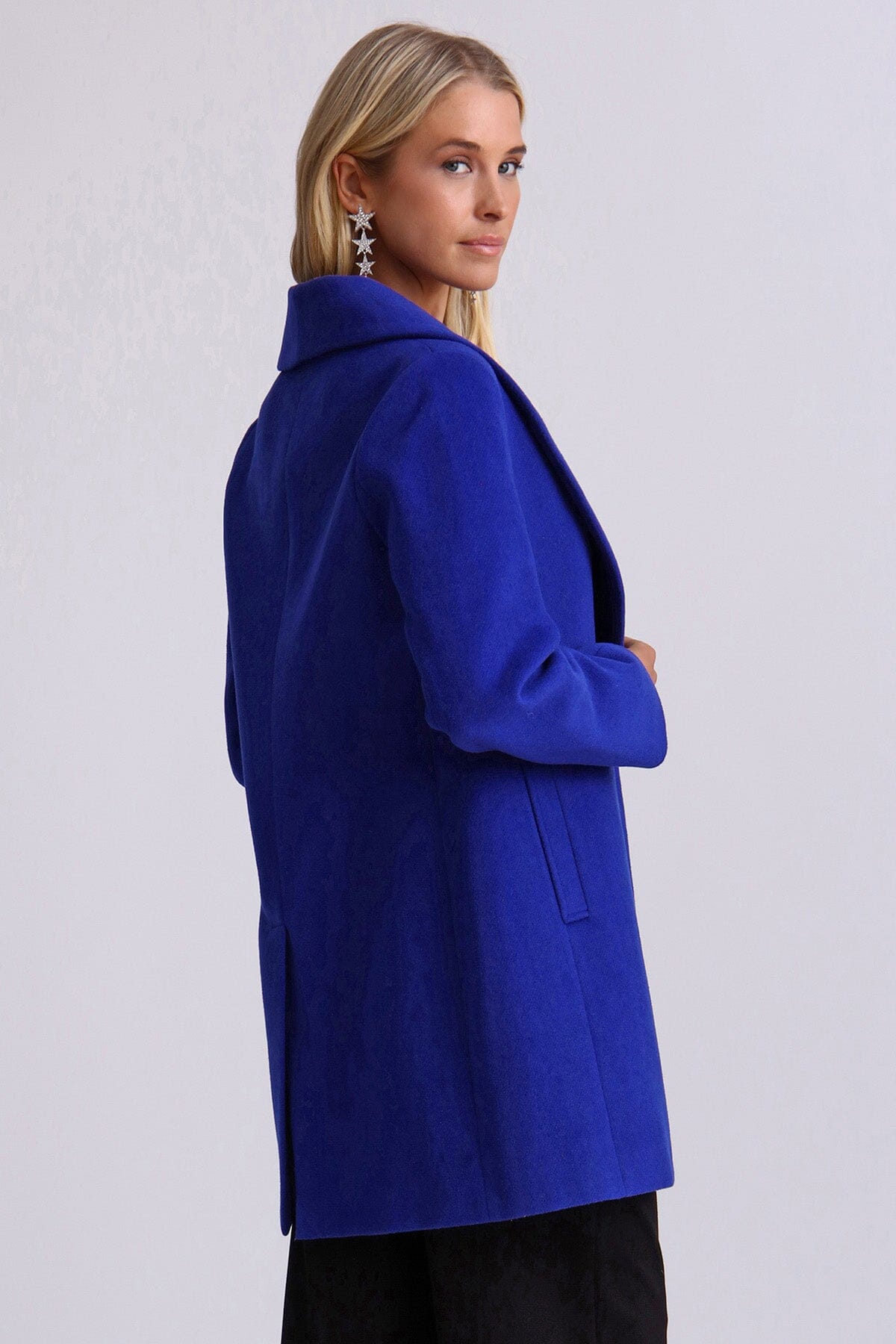 Cobalt blue twill wool blend shawl collar peacoat coat jacket - figure flattering office to date night peacoats outerwear for women