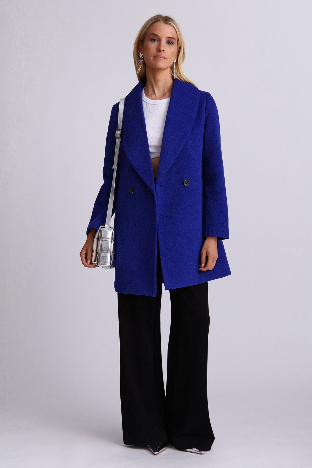Cobalt blue twill wool blend shawl collar peacoat coat jacket - women's figure flattering fashion outerwear for fall 2023