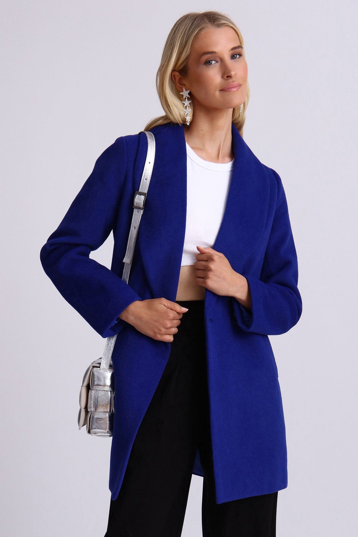 Cobalt blue twill wool blend shawl collar peacoat coat jacket - figure flattering cute everyday peacoats coats for women