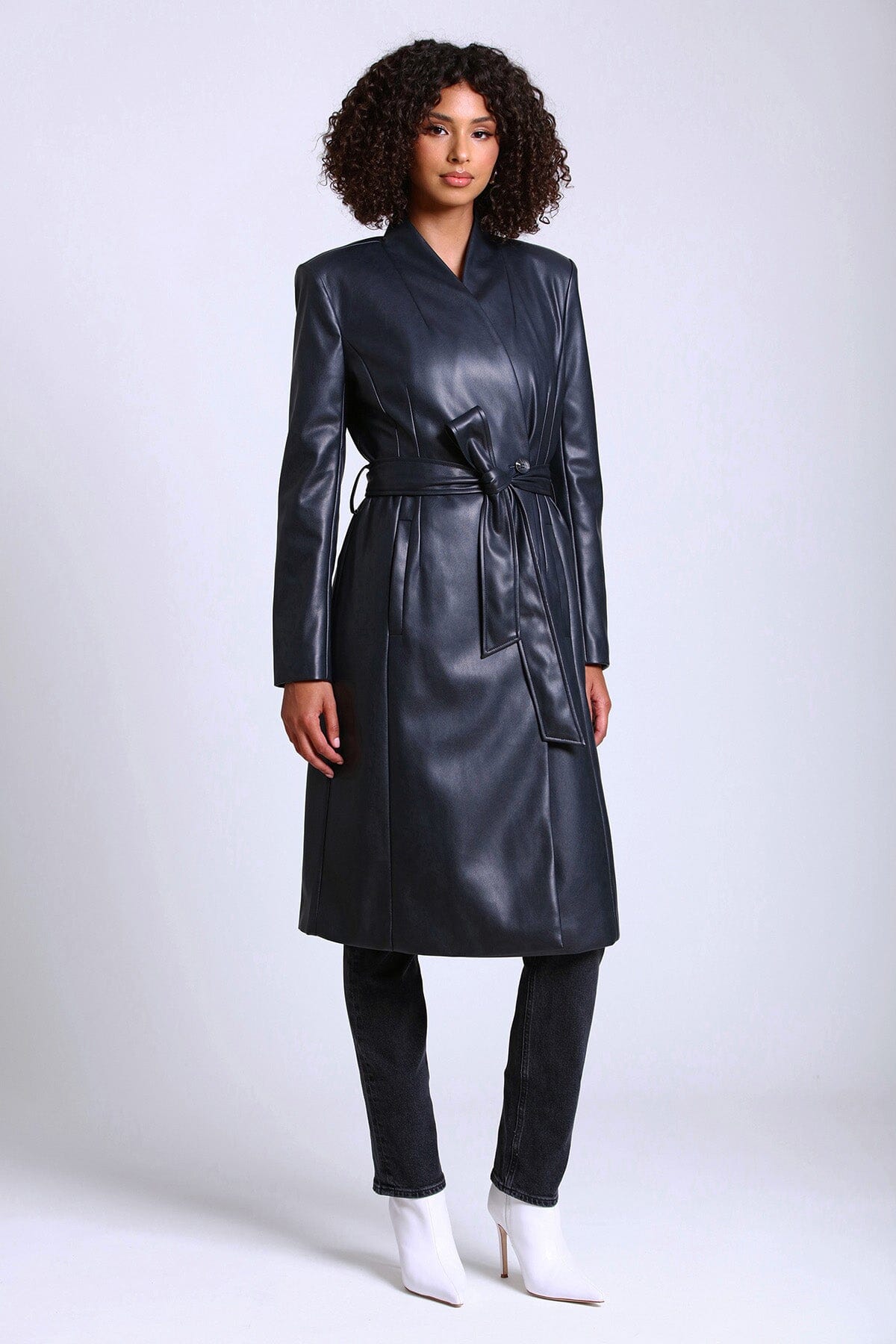 faux ever leather overlap collar coat jacket carbon black - figure flattering designer fashion cute long coats for women