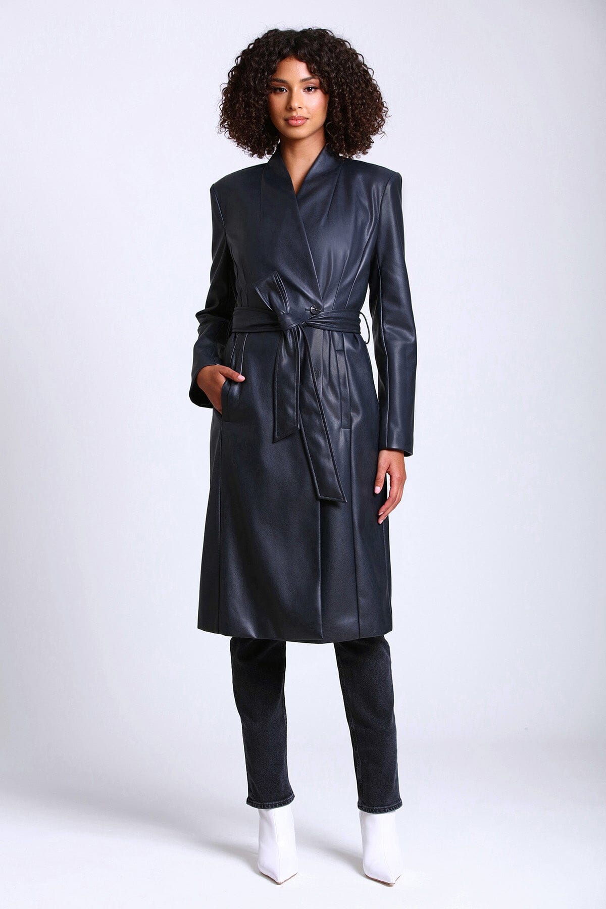 Avec Les Filles Double Breasted Faux Leather Trench Coat