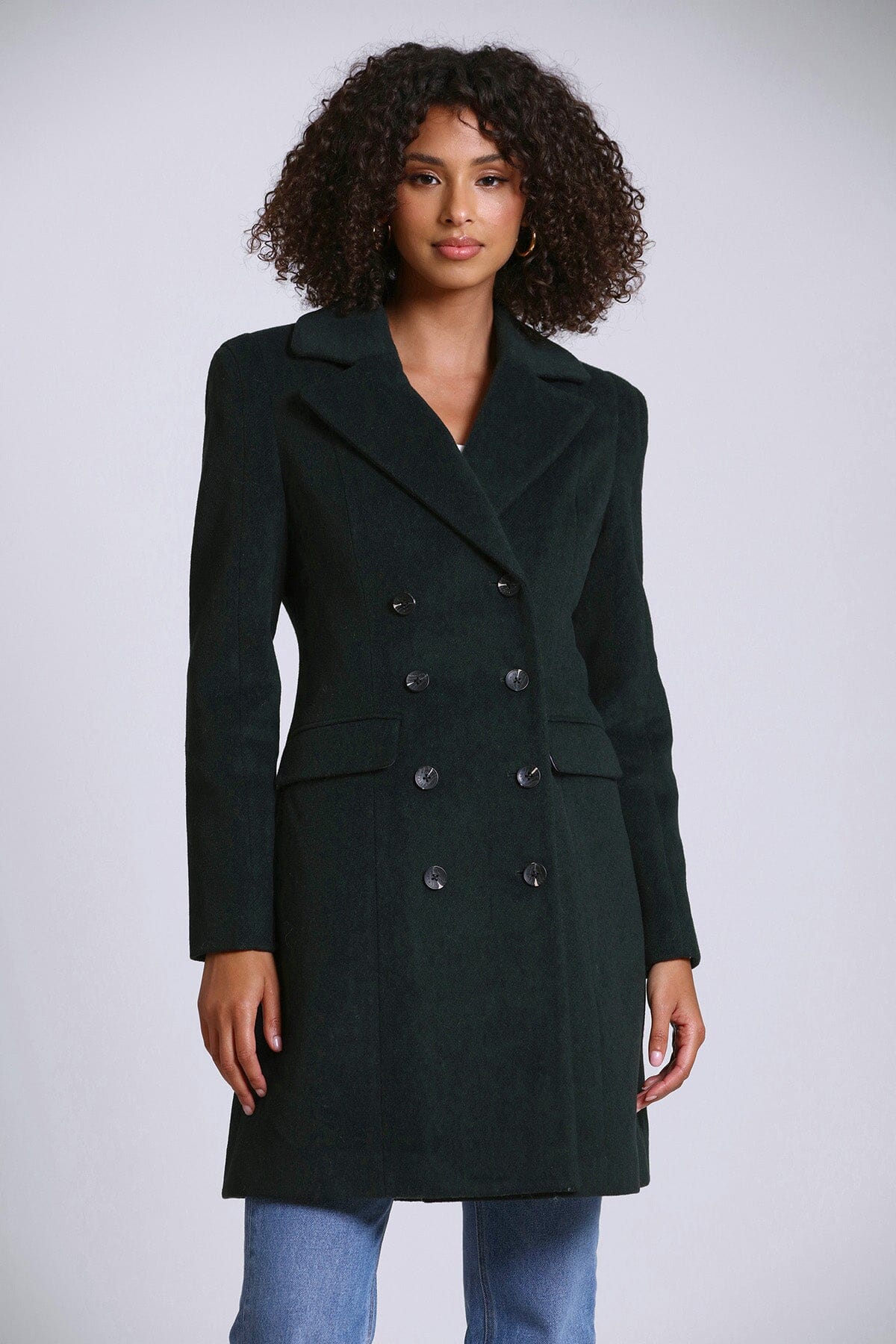 pine green wool blend double breasted coat jacket - women's figure flattering office to date night coats outerwear