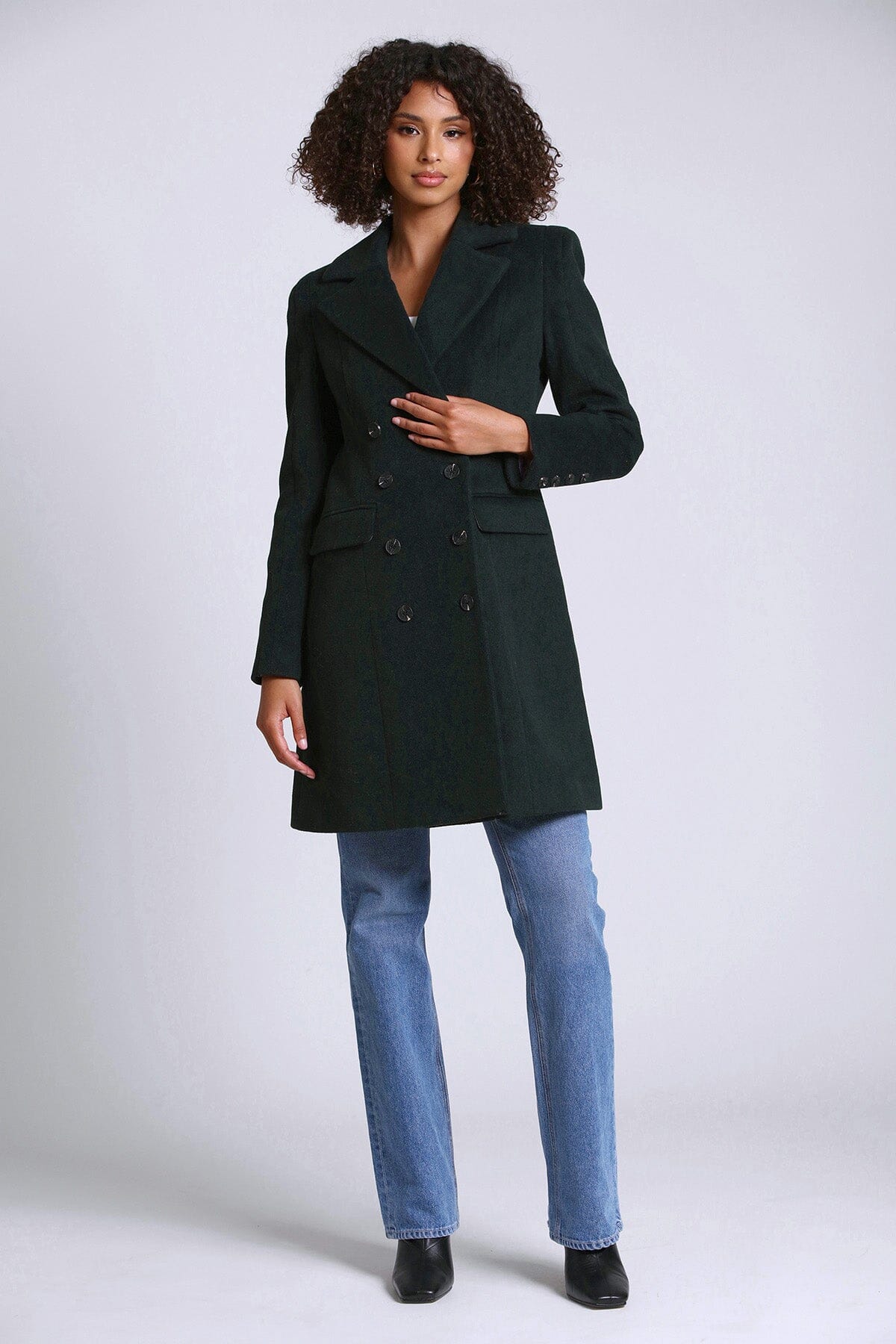 pine green wool blend double breasted coat jacket - figure flattering work appropriate outerwear for women