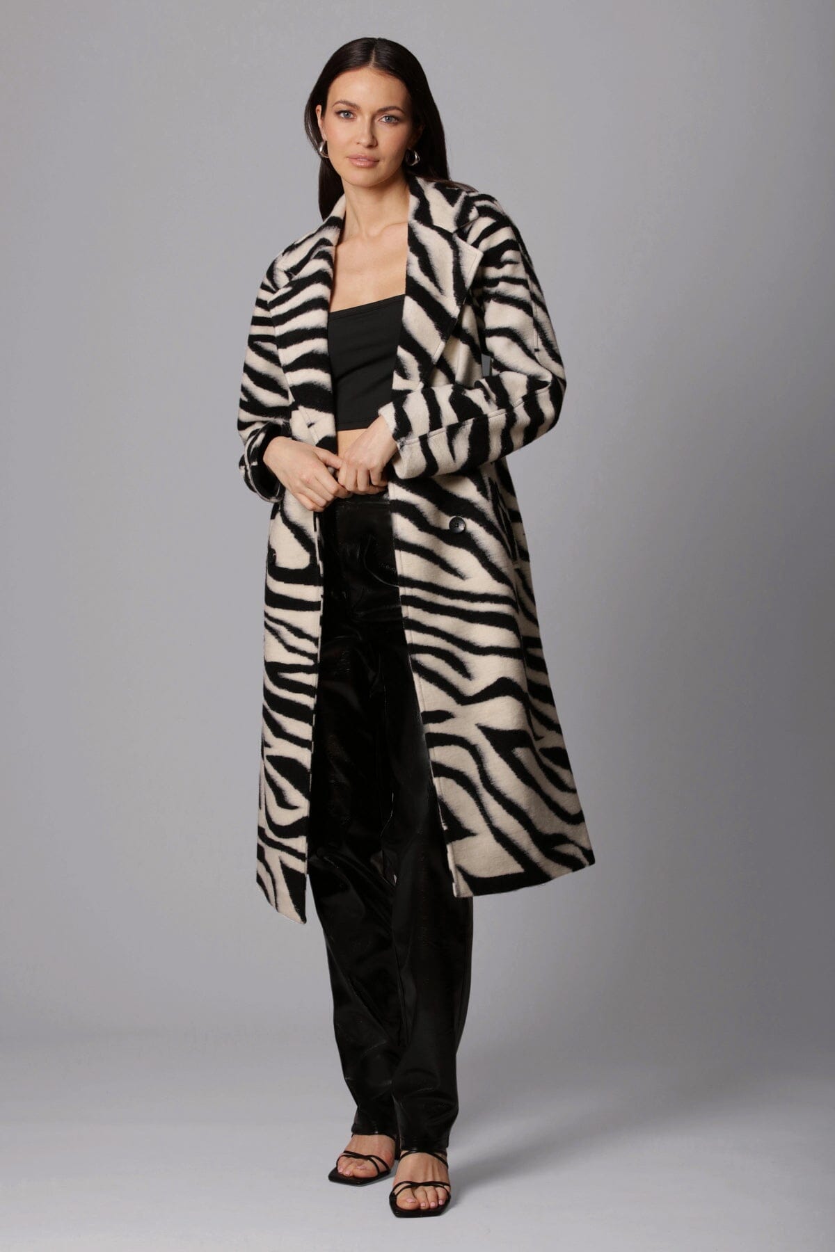 black white zebra print belted robe walker coat - women's figure flattering designer fashion date night coats outerwear