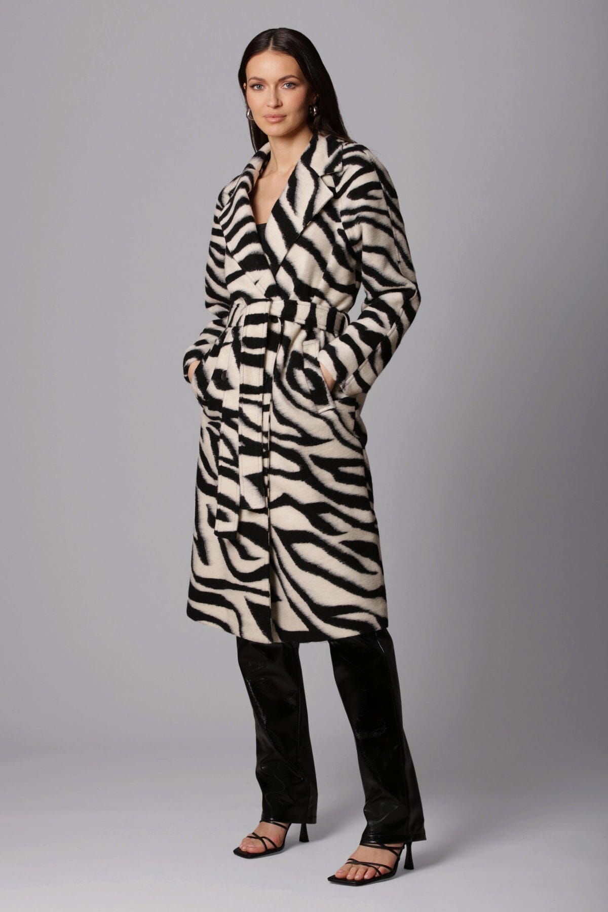 black white zebra print belted robe walker coat - figure flattering designer fashion girls night out coats outerwear for women