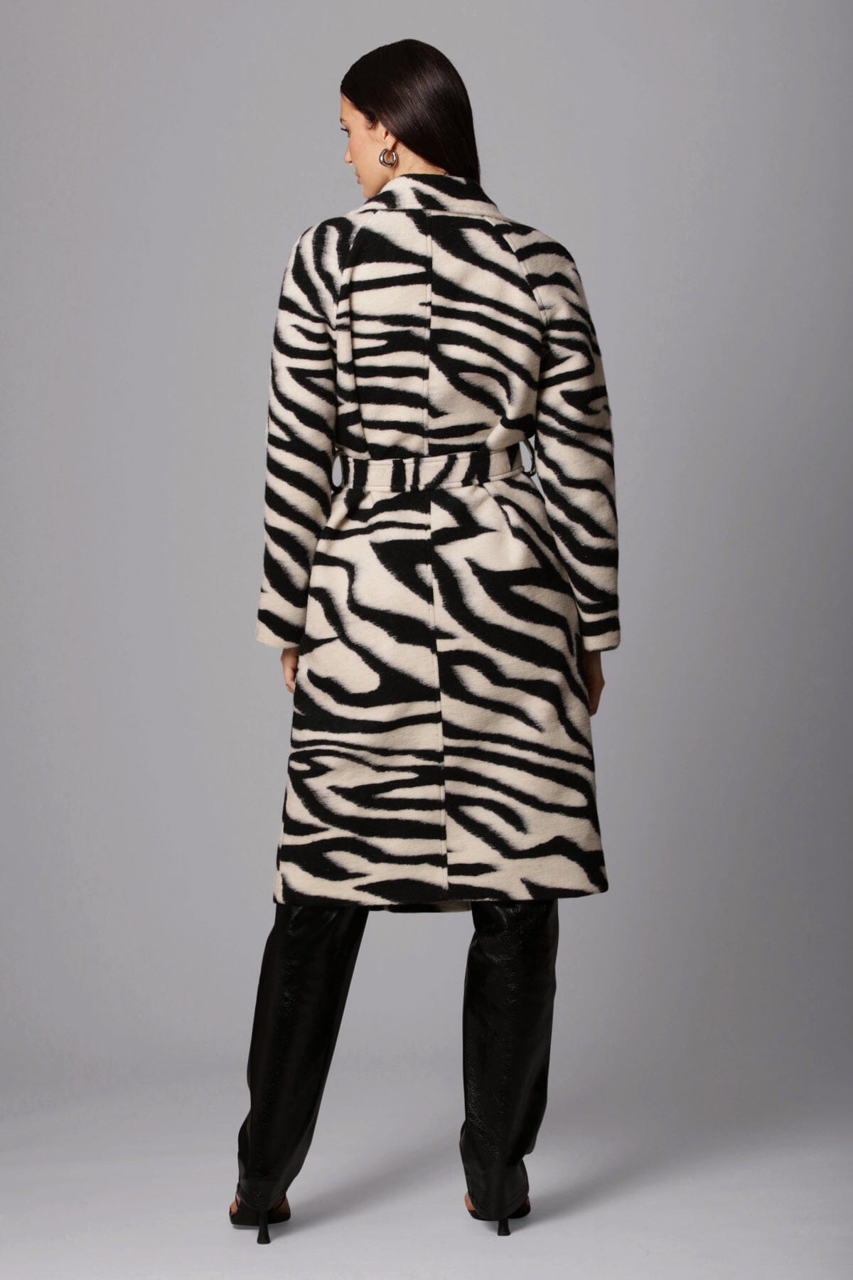 black white zebra print belted robe walker coat - women's figure flattering designer fashion cute night out coats