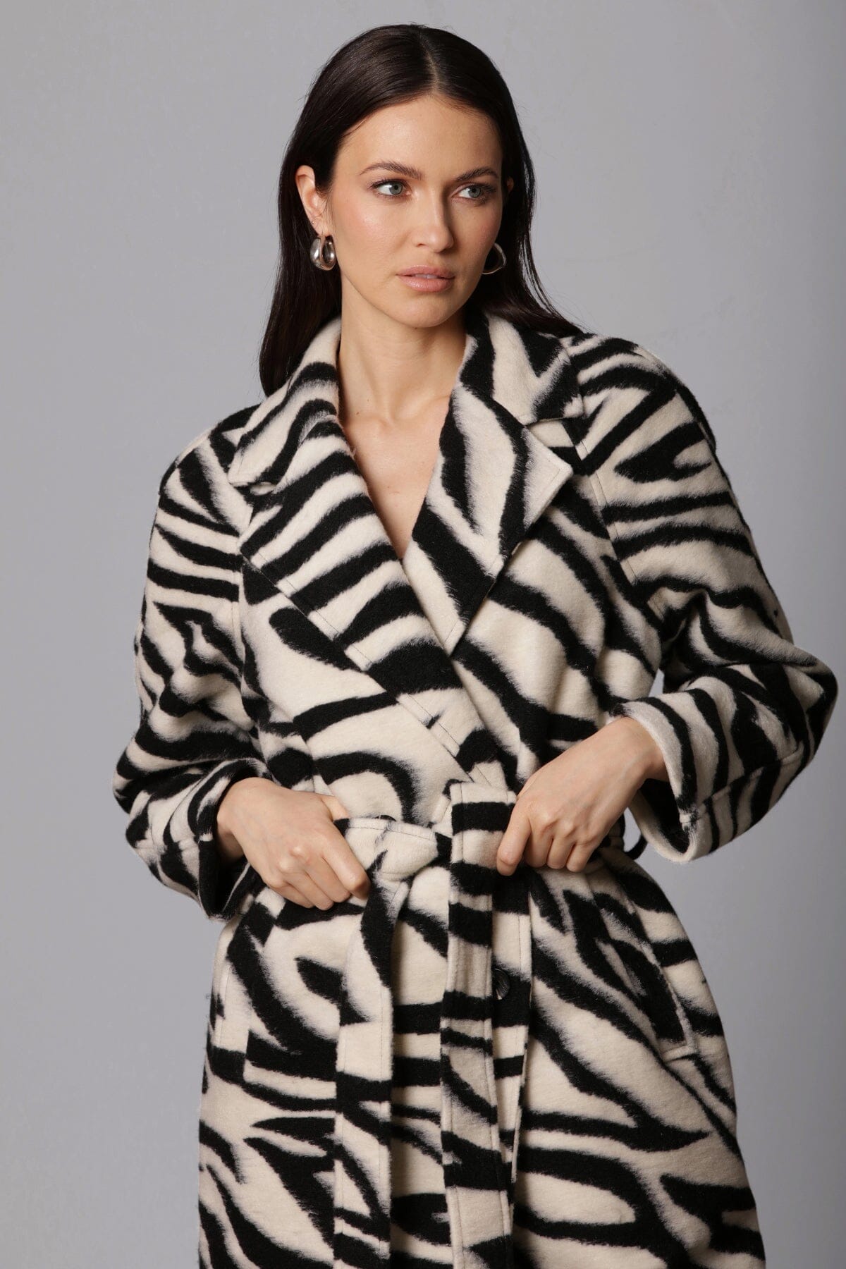 black white zebra print belted robe walker coat - women's figure flattering designer fashion cute girls night out coats outerwear