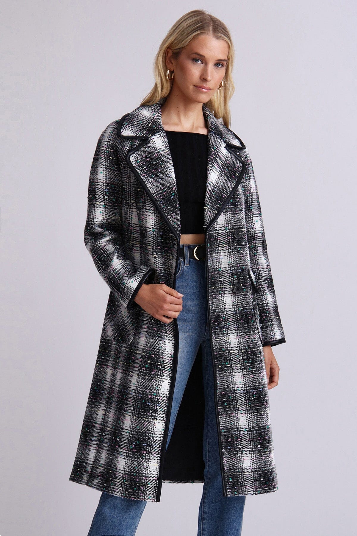 Black multi plaid tweed double breasted coat jacket - figure flattering office to date night long coats for women