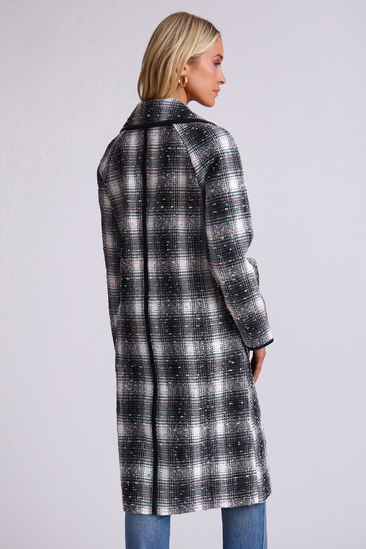 Black multi plaid tweed double breasted coat jacket - figure flattering everyday fashion coats outerwear for women