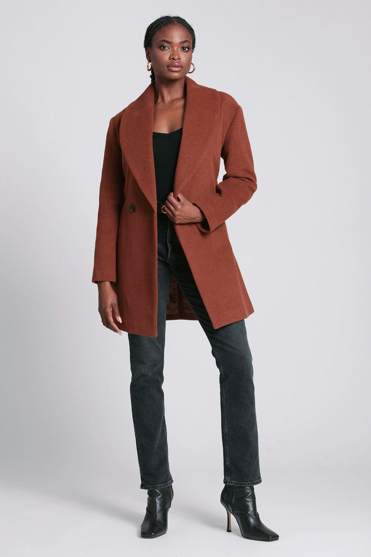 Cinnamon brown wool blend belted shawl collar peacoat coat - women's figure flattering work appropriate outerwear