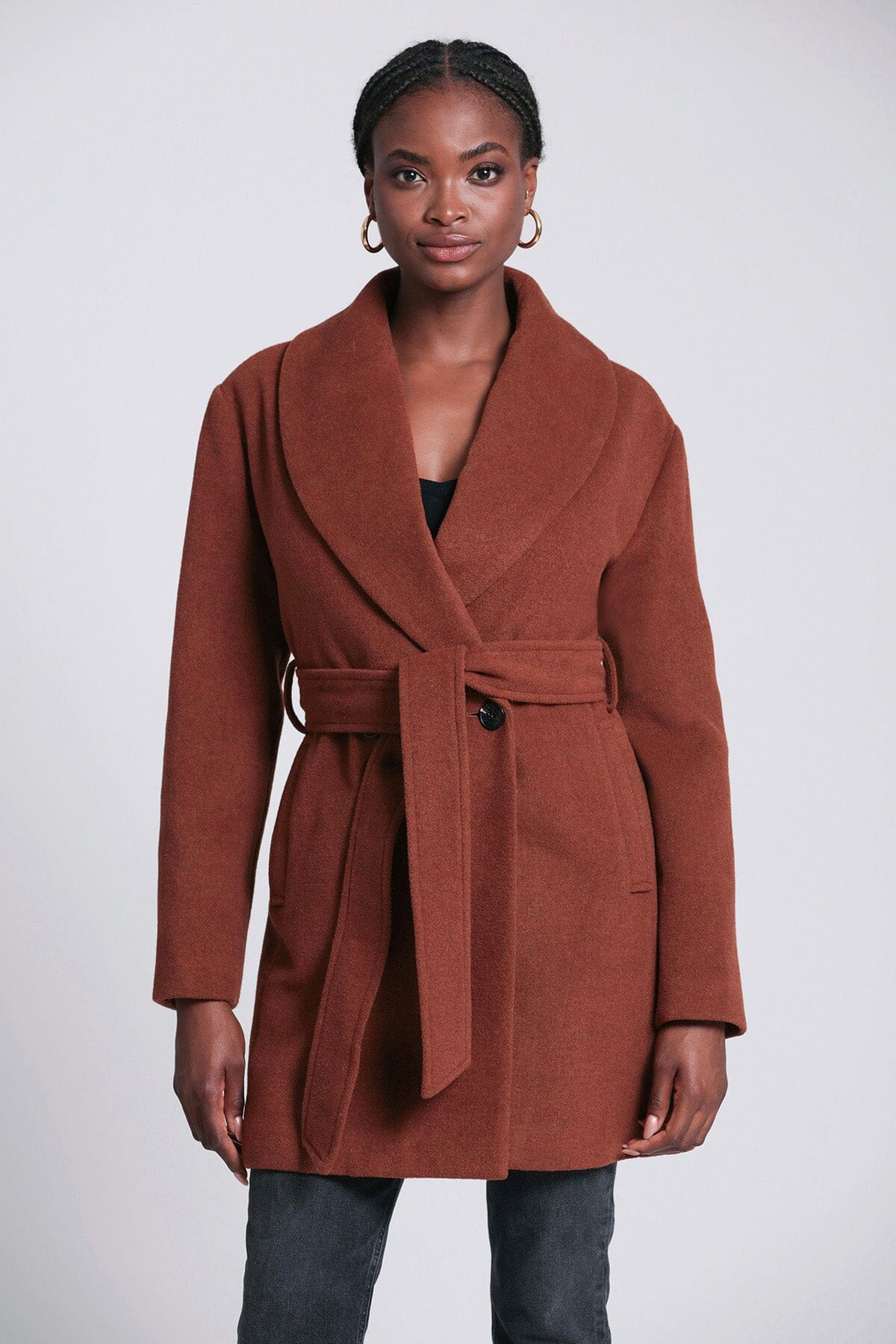 Cinnamon brown wool blend belted shawl collar peacoat coat - figure flattering fall date night coats peacoats for women