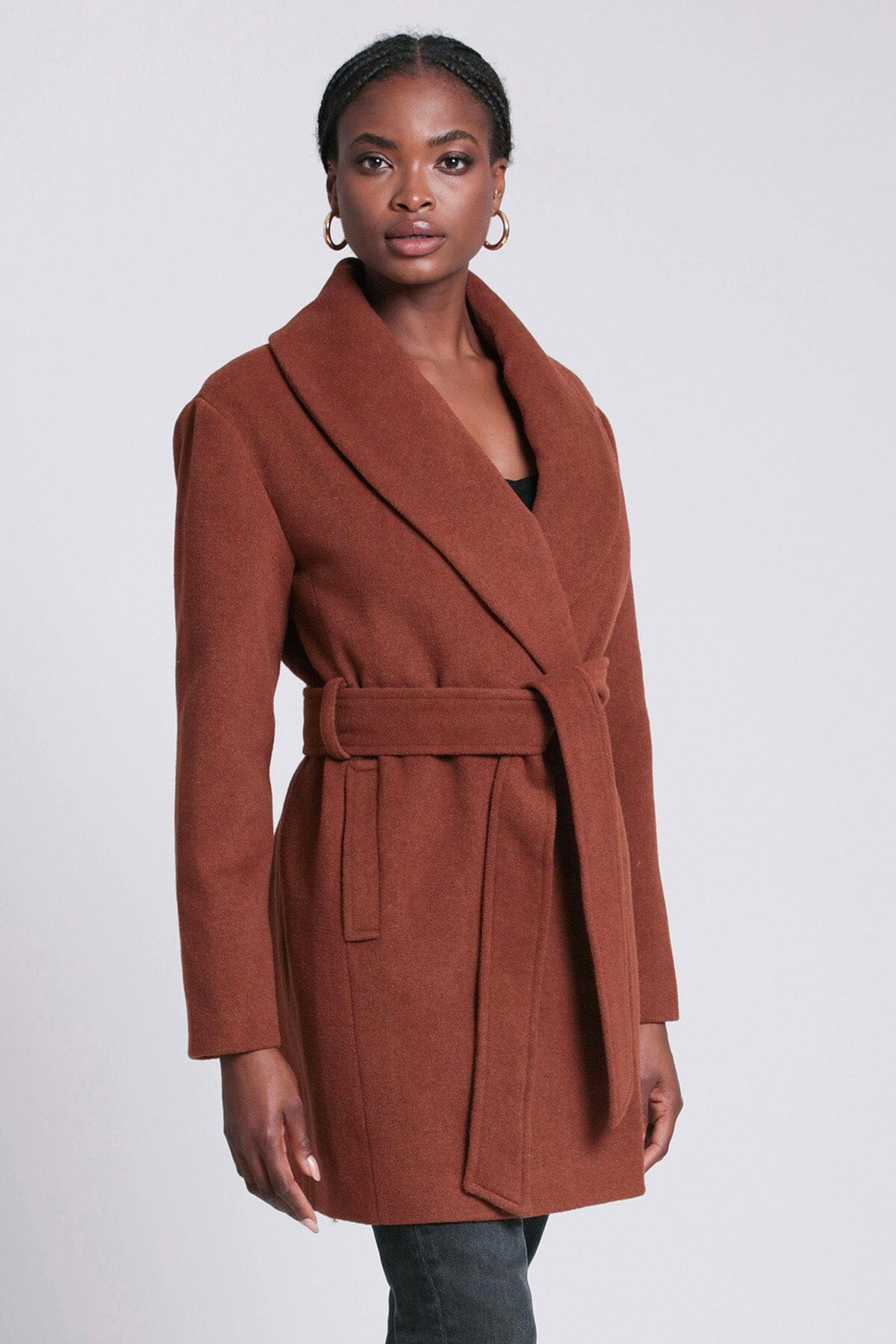 Cinnamon brown wool blend belted shawl collar peacoat coat - women's figure flattering outerwear for fall 2023