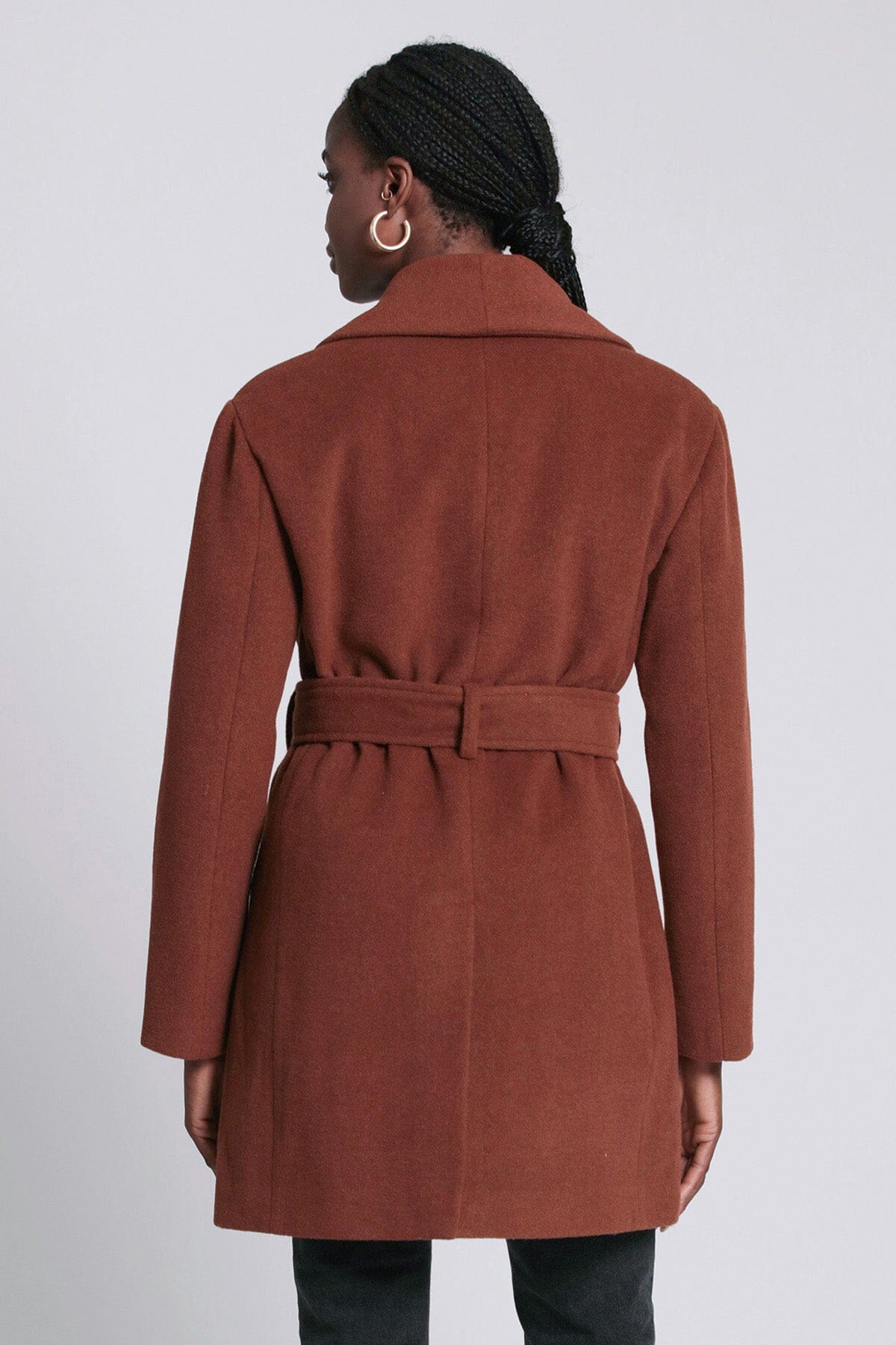 Cinnamon brown wool blend belted shawl collar peacoat coat - figure flattering cute work peacoats for women