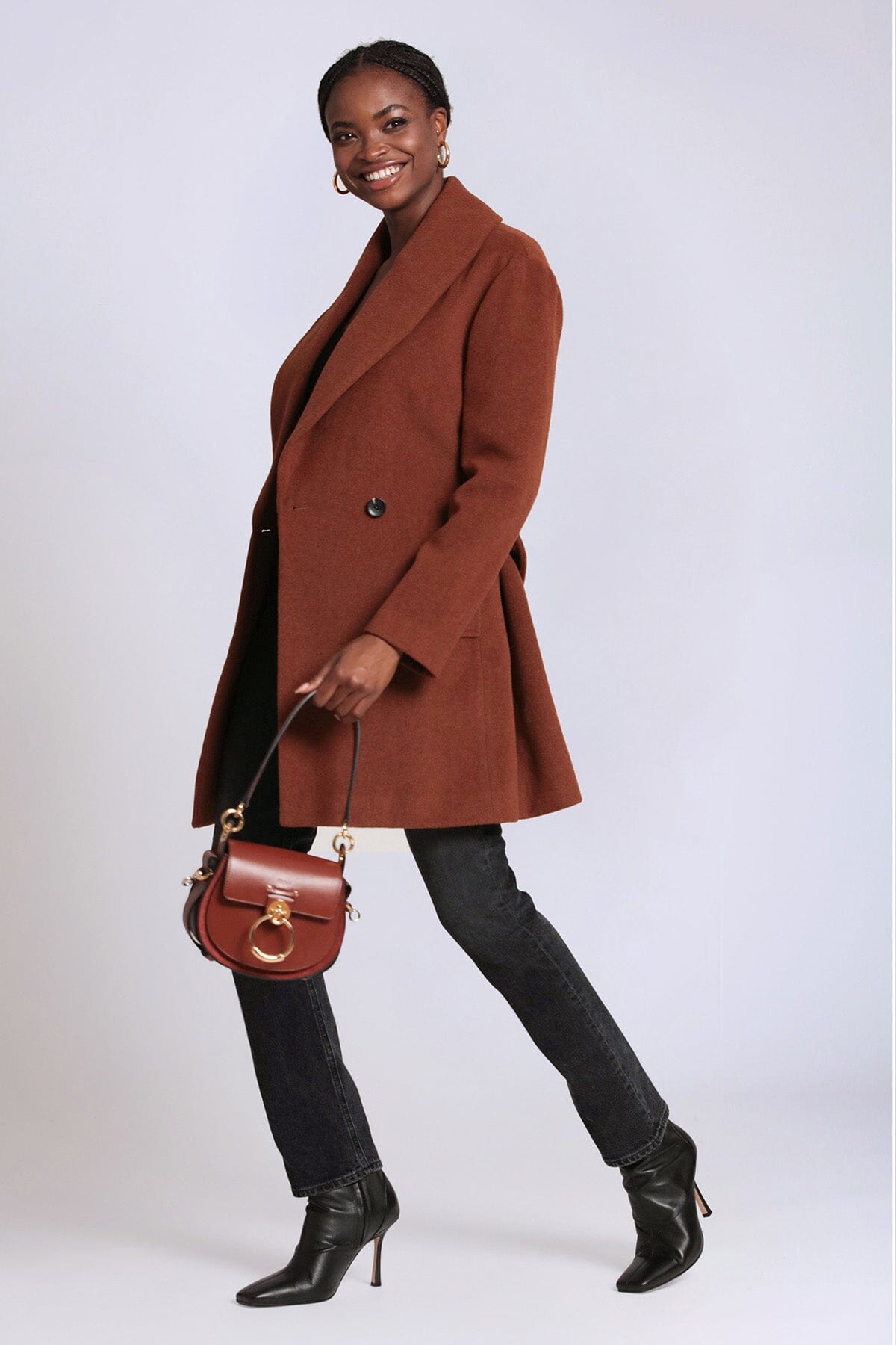 Cinnamon brown wool blend belted shawl collar peacoat coat - figure flattering office to date night peacoats coats for women