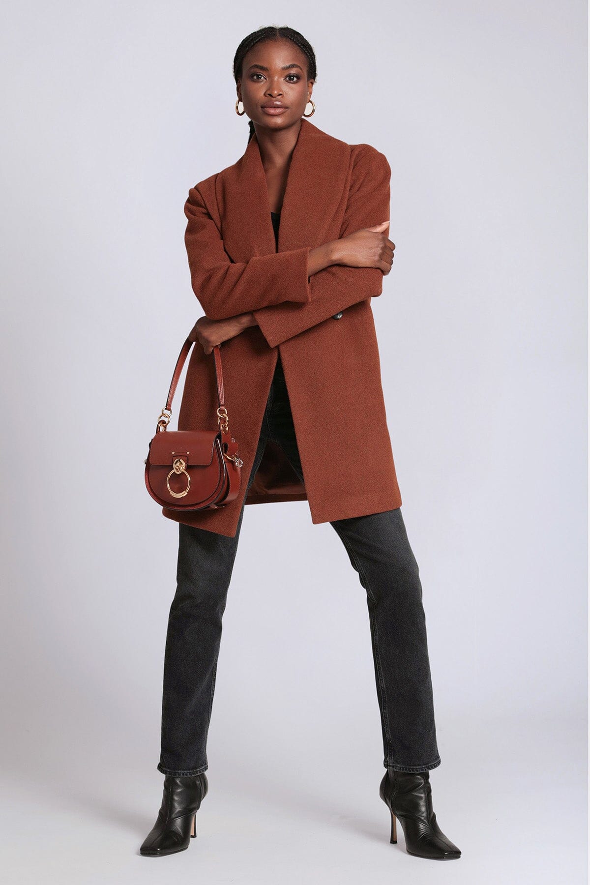 Cinnamon brown wool blend belted shawl collar peacoat coat - figure flattering cute day to night fall 2023 outerwear for women