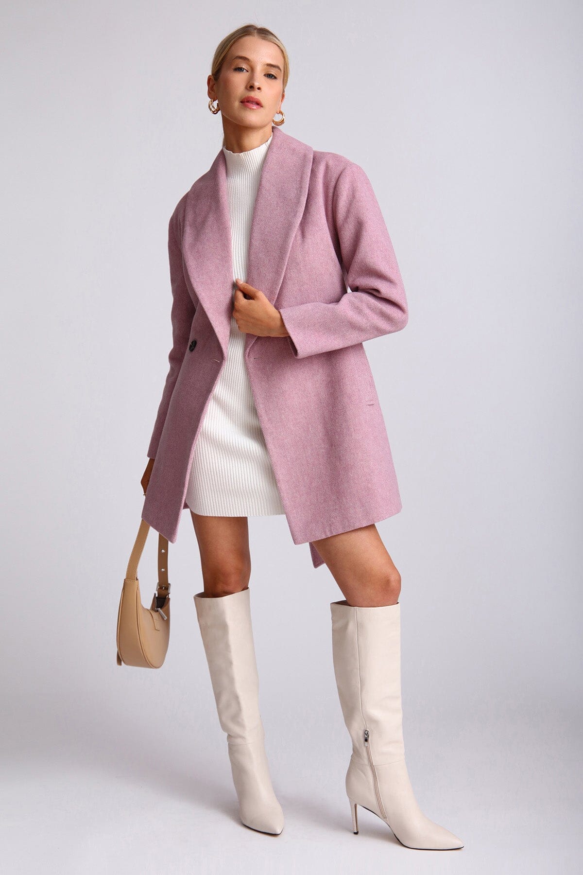 Light purple wool blend belted shawl collar peacoat coat - women's figure flattering Valentine's Day coats