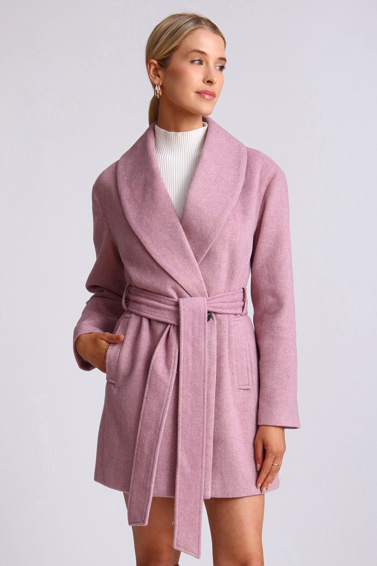 Light purple wool blend belted shawl collar peacoat coat - figure flattering fall 2023 peacoats coats for women