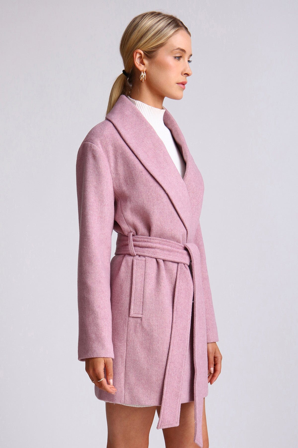Light purple wool blend belted shawl collar peacoat coat - women's figure flattering cute peacoats coats for fall