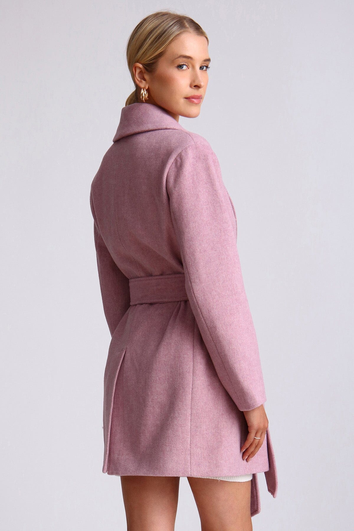 Light purple wool blend belted shawl collar peacoat coat - figure flattering cute work appropriate fall outerwear for women