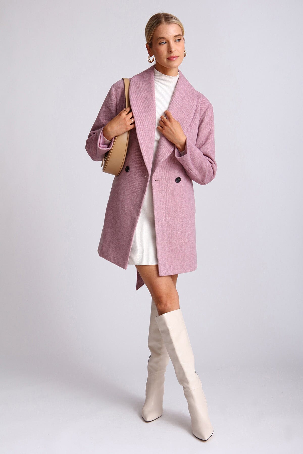 Light purple wool blend belted shawl collar peacoat coat - women's figure flattering cute date night peacoats coats