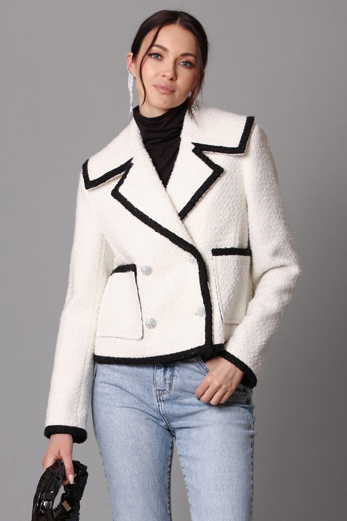 contrast trim wool blend tweed jacket white ivory black - figure flattering designer fashion office to date night jackets for women