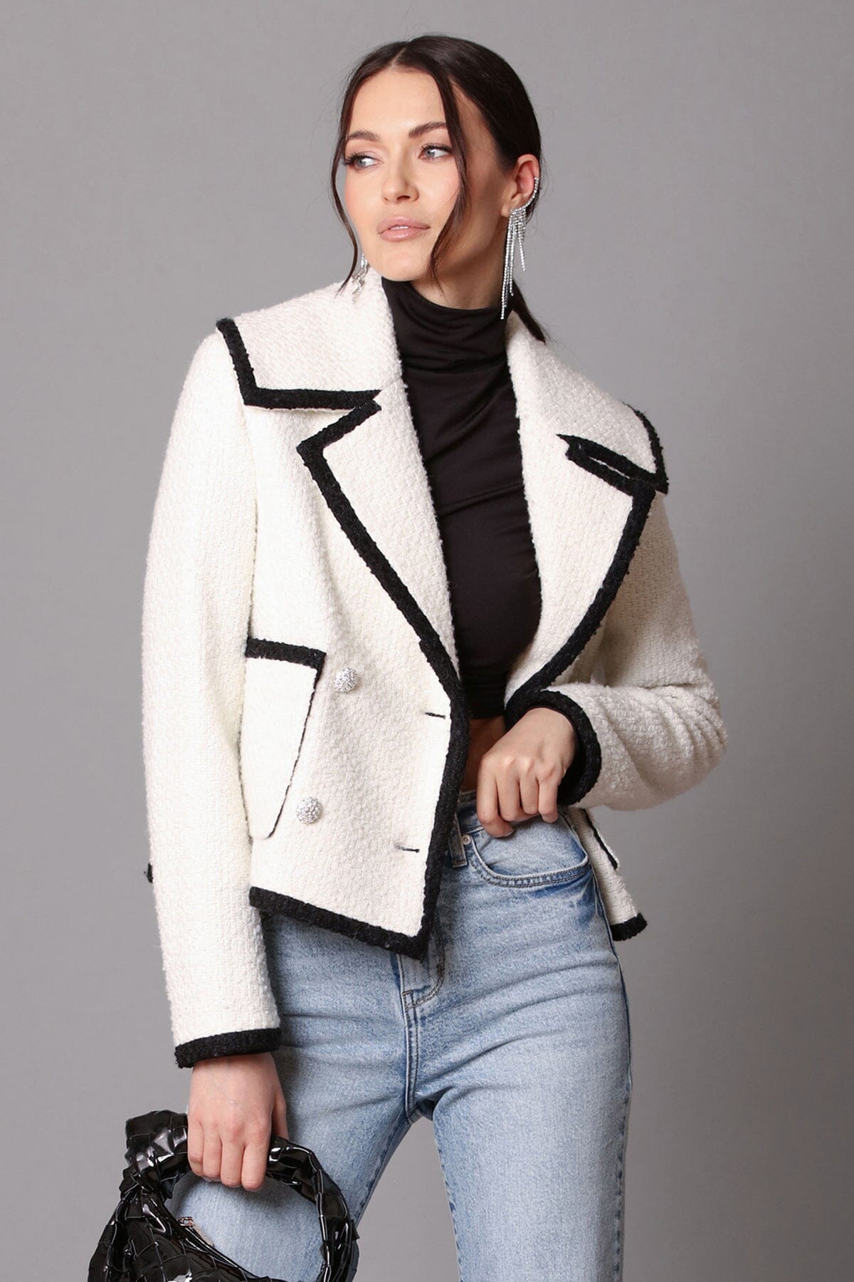 contrast trim wool blend tweed jacket white ivory black - women's figure flattering designer fashion office to date night jackets