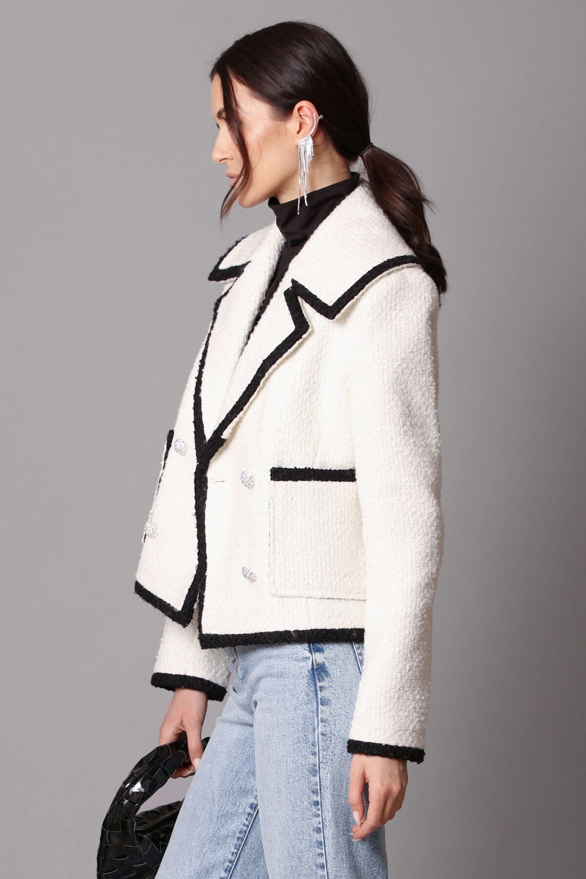 contrast trim wool blend tweed jacket white ivory black - women's figure flattering designer fashion day to night jackets 