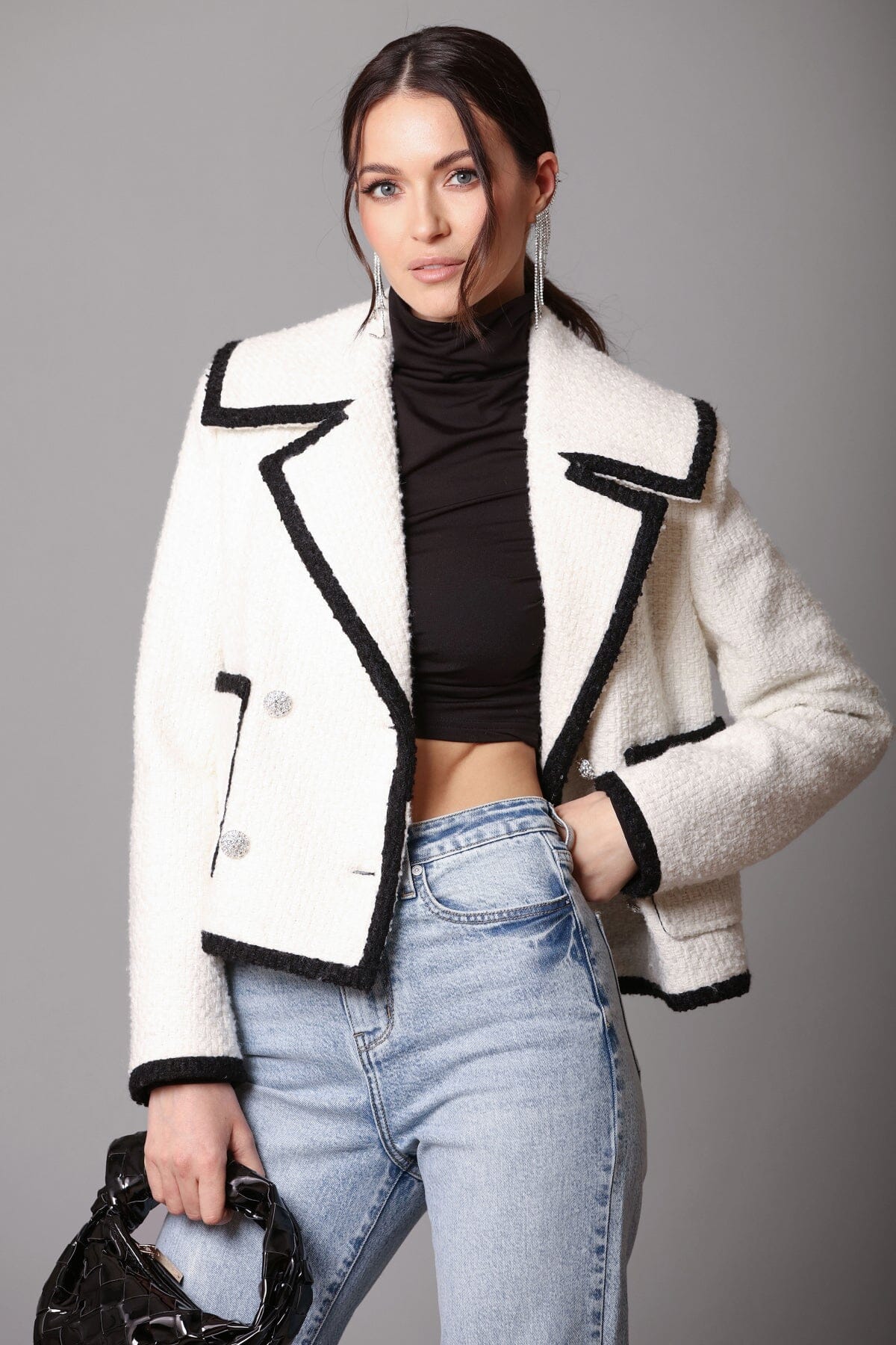 contrast trim wool blend tweed jacket white ivory black - women's figure flattering designer fashion feminine work appropriate jackets
