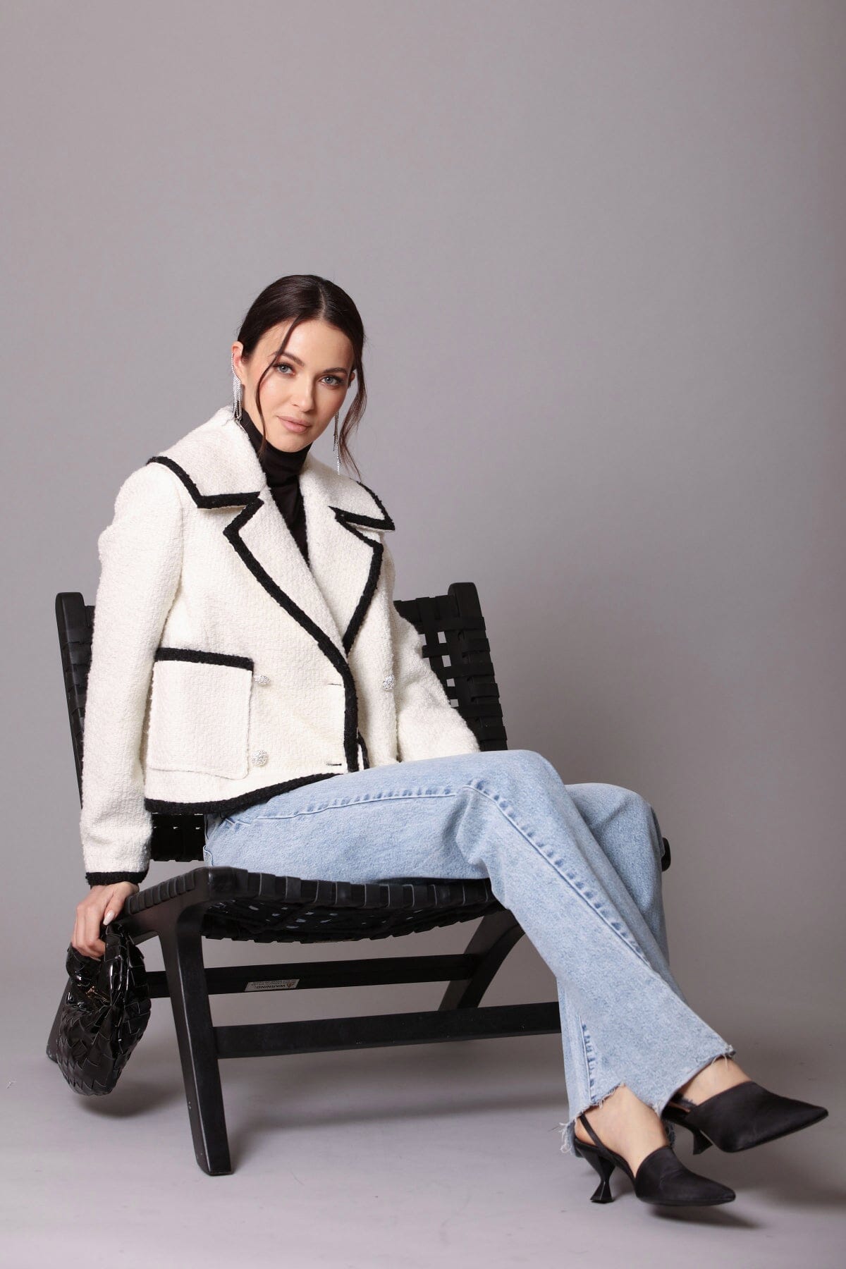contrast trim wool blend tweed jacket white ivory black - figure flattering designer fashion day to night jackets for women