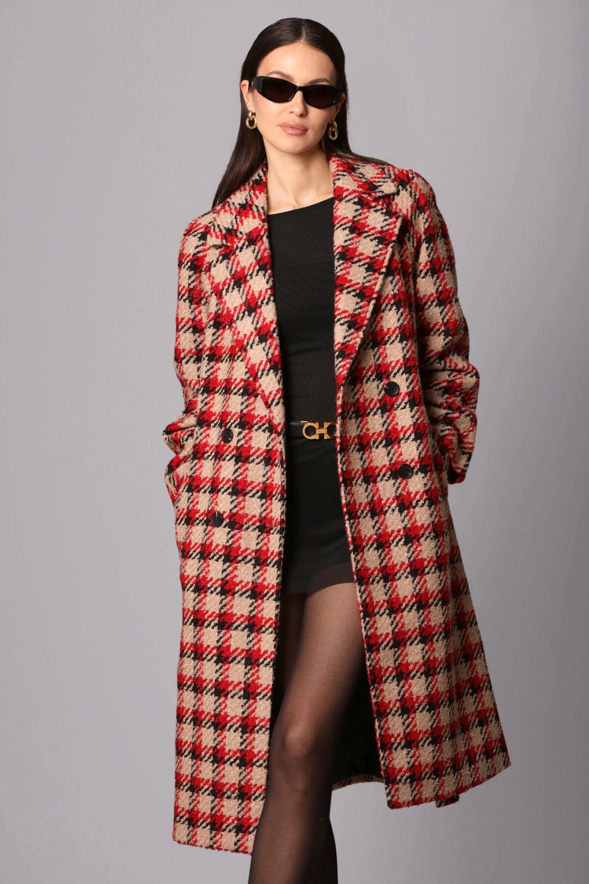 plaid jacquard belted walker coat camel beige black red plaid - figure flattering designer fashion long coats for women