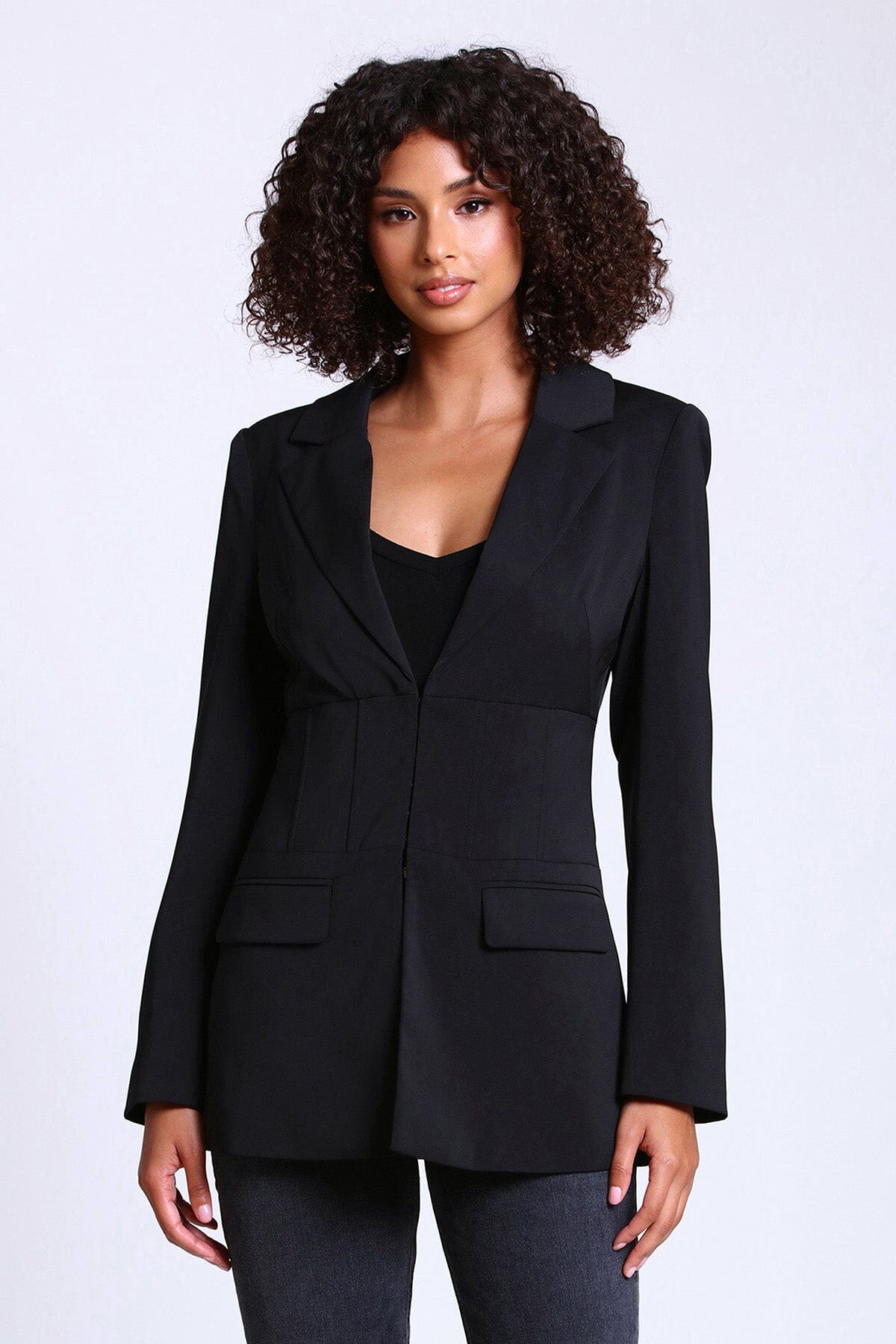 black tailored corset fitted cinched blazer jacket - figure flattering work appropriate blazers jackets outerwear for women