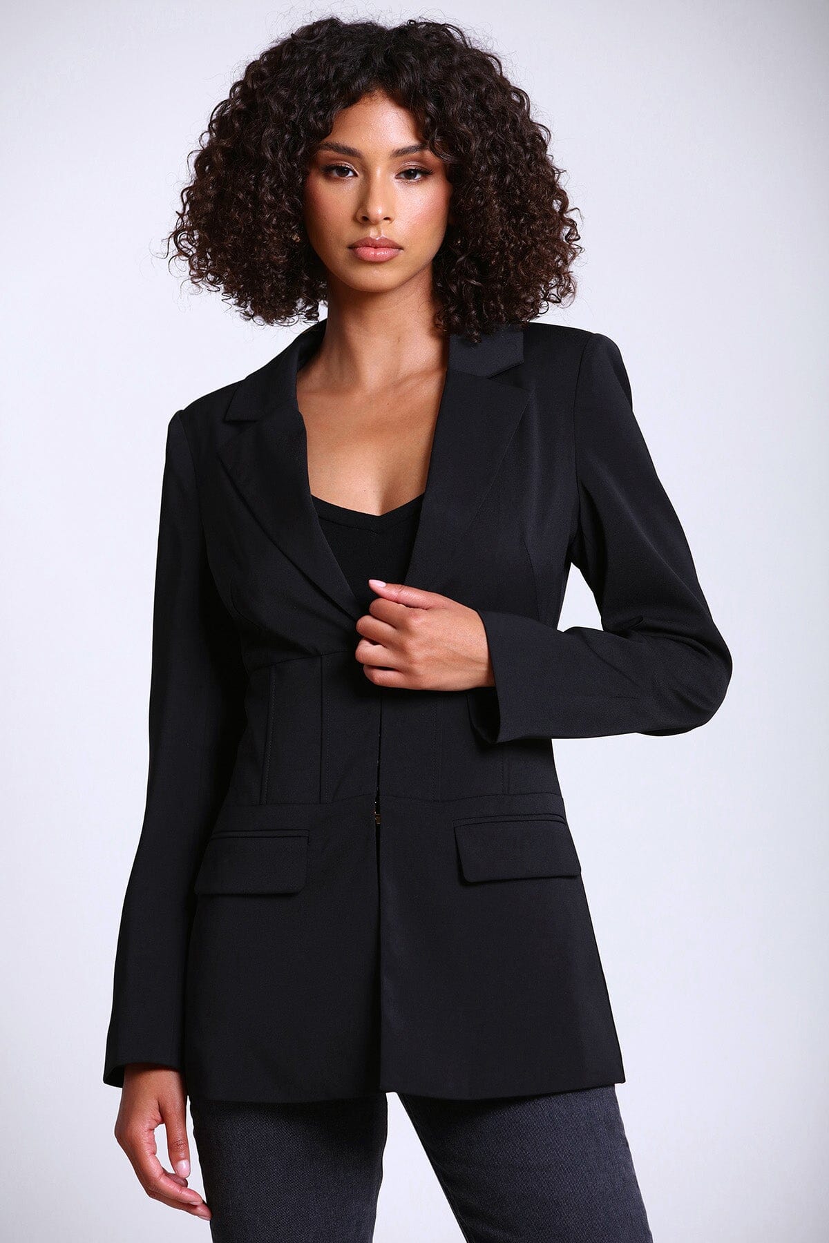 black tailored corset fitted cinched blazer jacket - women's figure flattering date night blazers jackets coats
