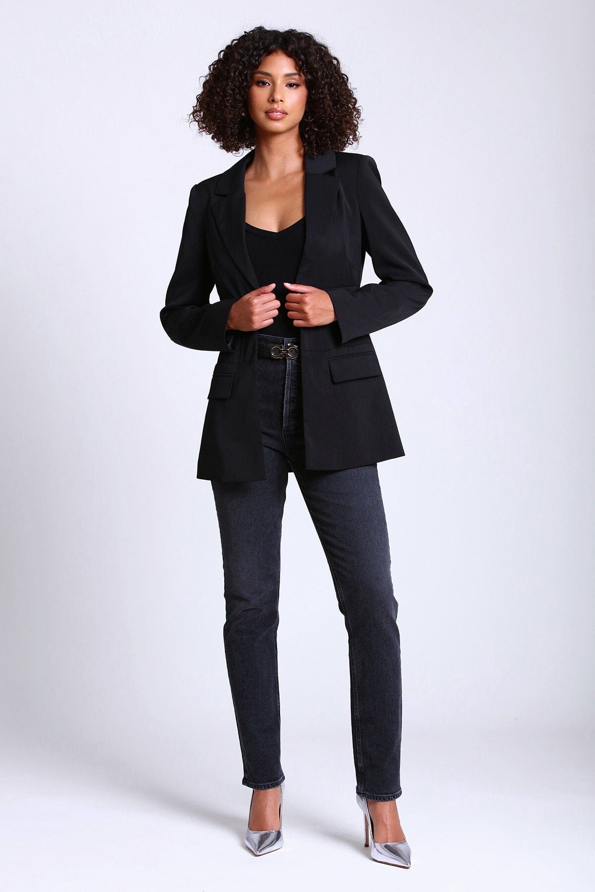 black tailored corset fitted cinched blazer jacket - women's figure flattering office to date night coats blazers jackets