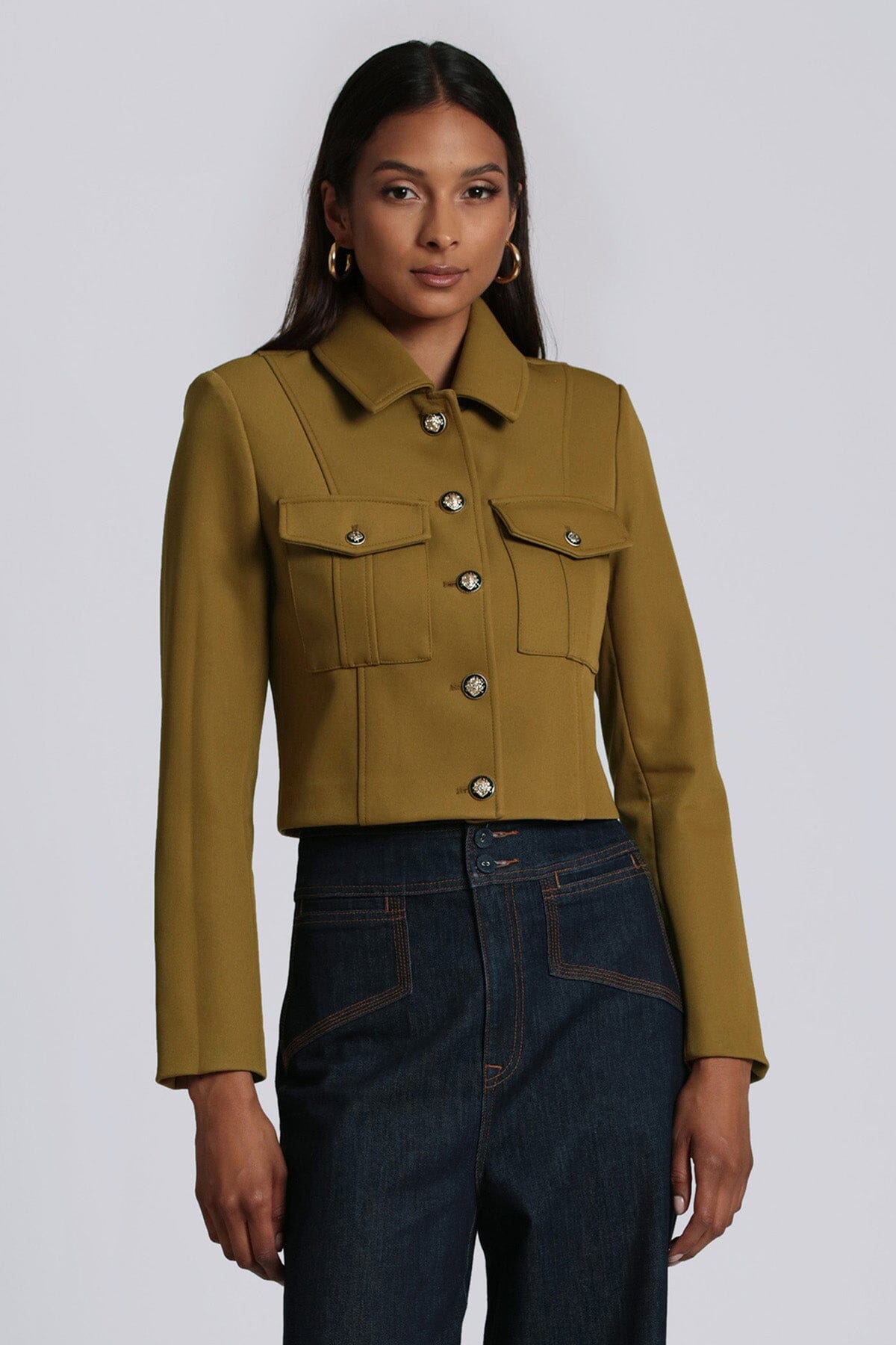 Olive green cropped ponte military jacket coat figure flattering lightweight day date jackets coats for women