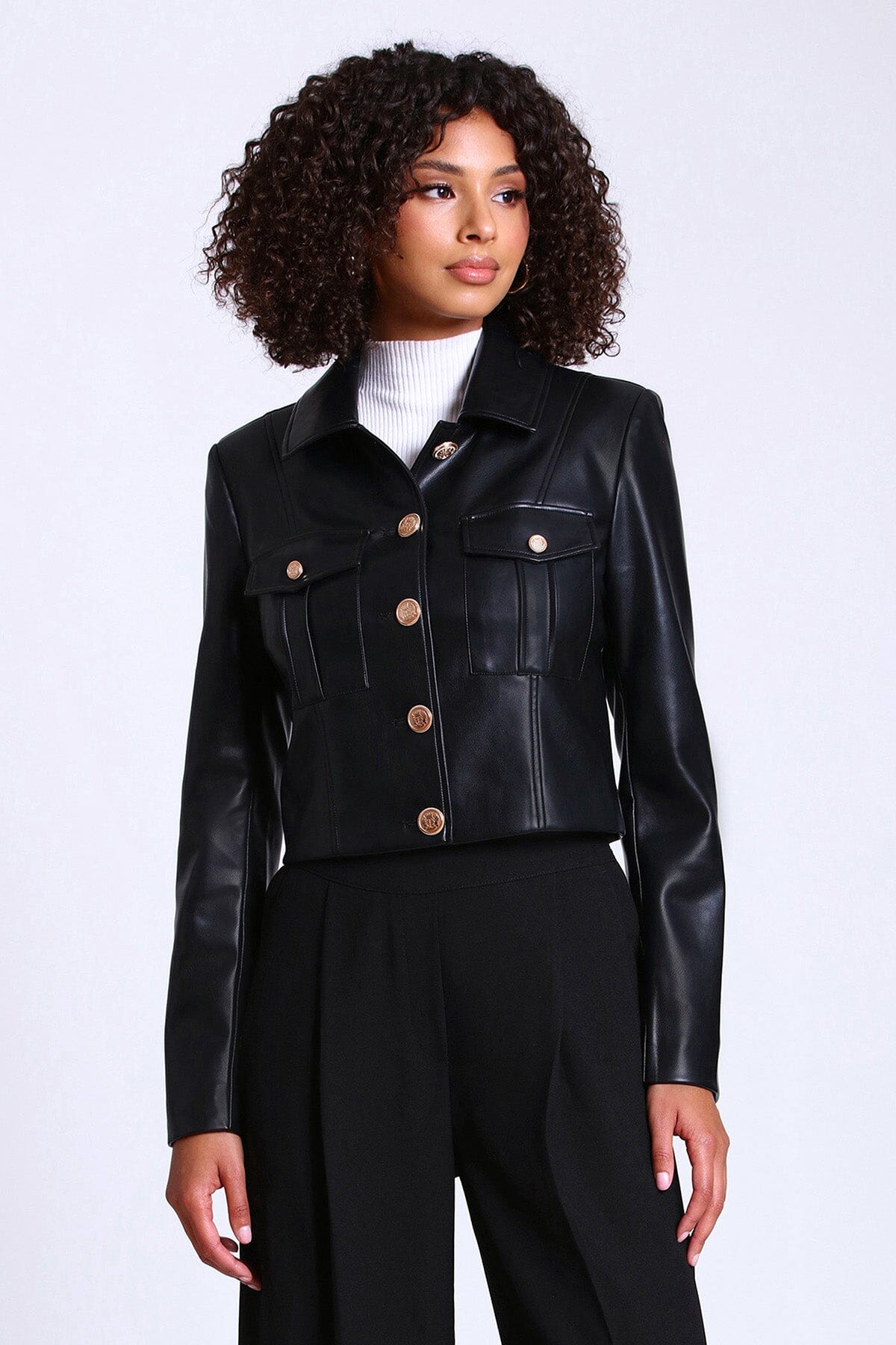 Black vegan leather military style crop jacket coat women's figure flattering date night jackets coats