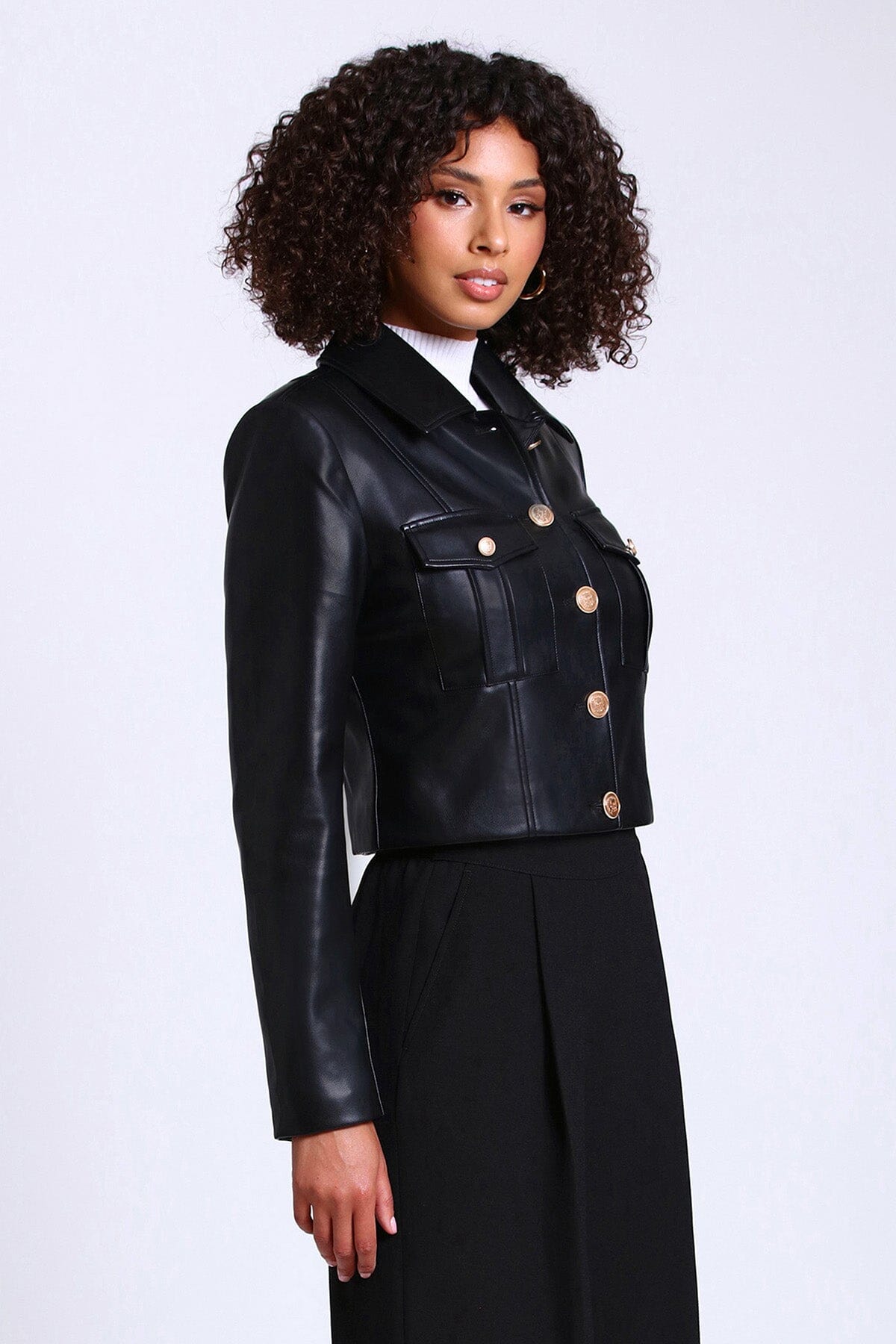 Black faux leather military crop jacket coat figure flattering cute jackets outerwear for women
