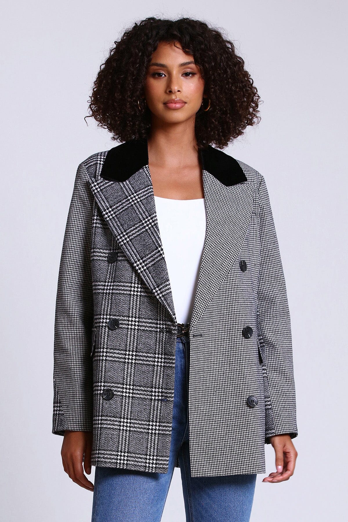 houndstooth mixed media plaid double breasted blazer coat jacket - figure flattering day to night coats jackets blazers outerwear