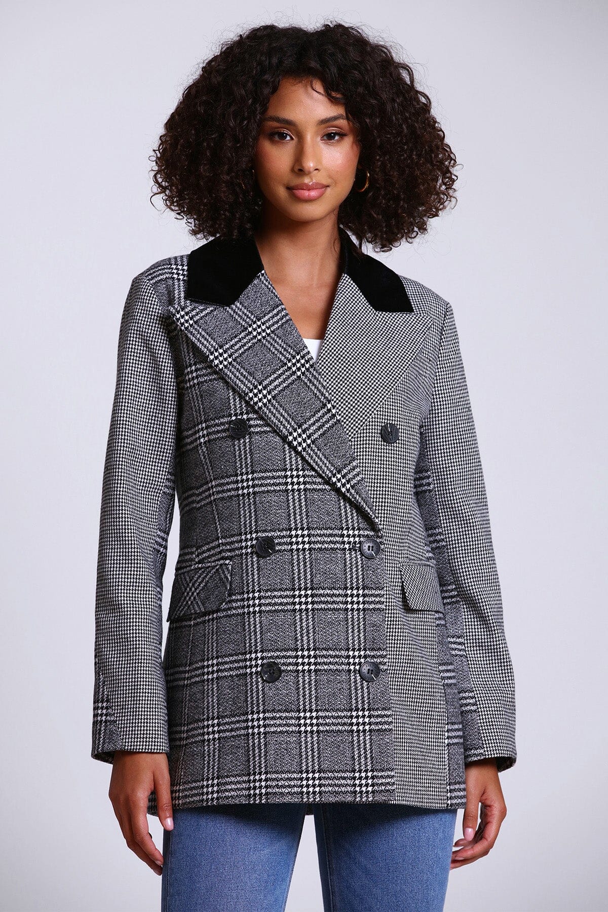 houndstooth mixed media plaid double breasted blazer coat jacket - women's figure flattering work appropriate blazers outerwear